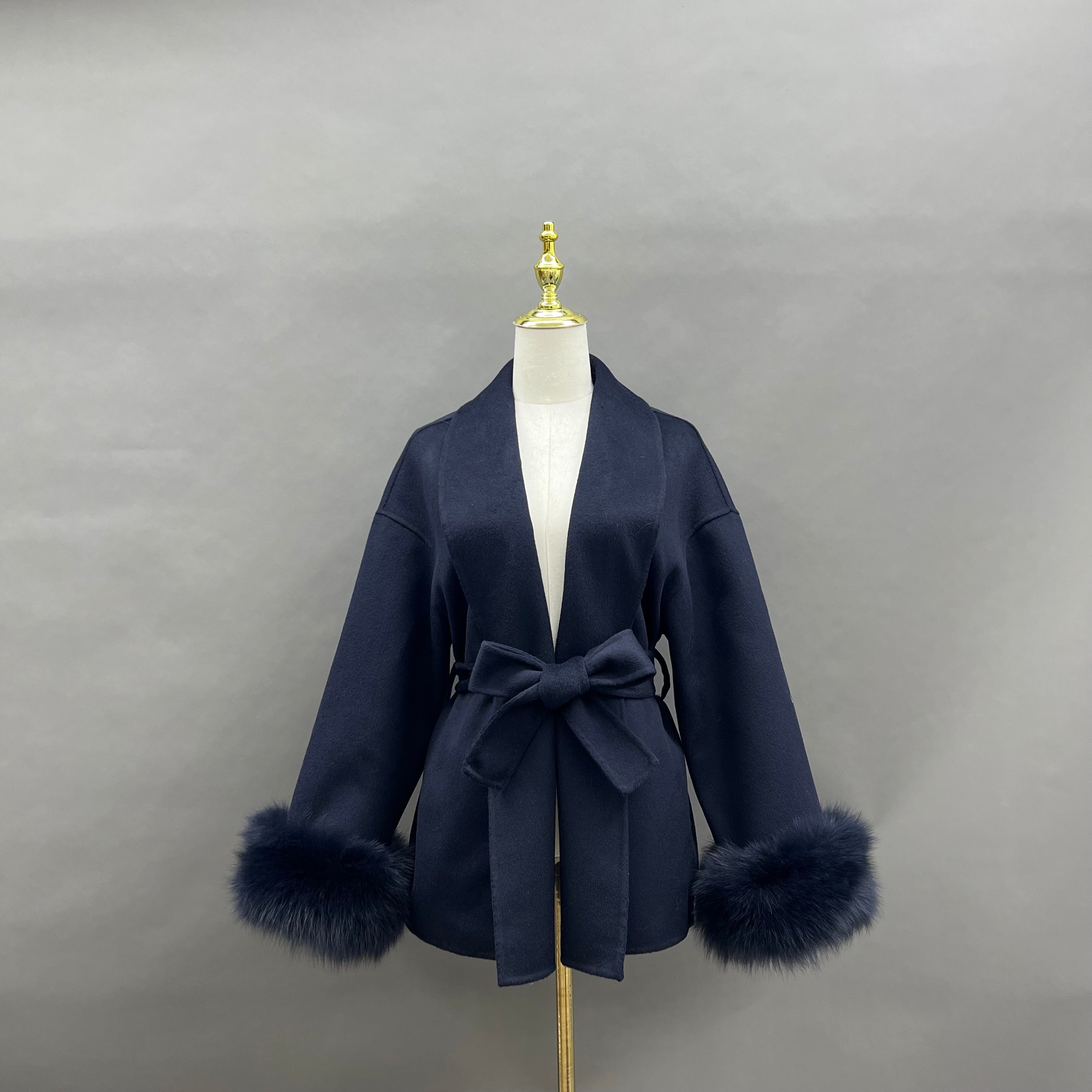 Women’s Burgundy Double-Faced Wool Wrap Coat with Fox Fur Cuffs – Drop Shoulder Belted Short Winter Jacket for Elegant Fashion 4#Navy F-chest 114cm