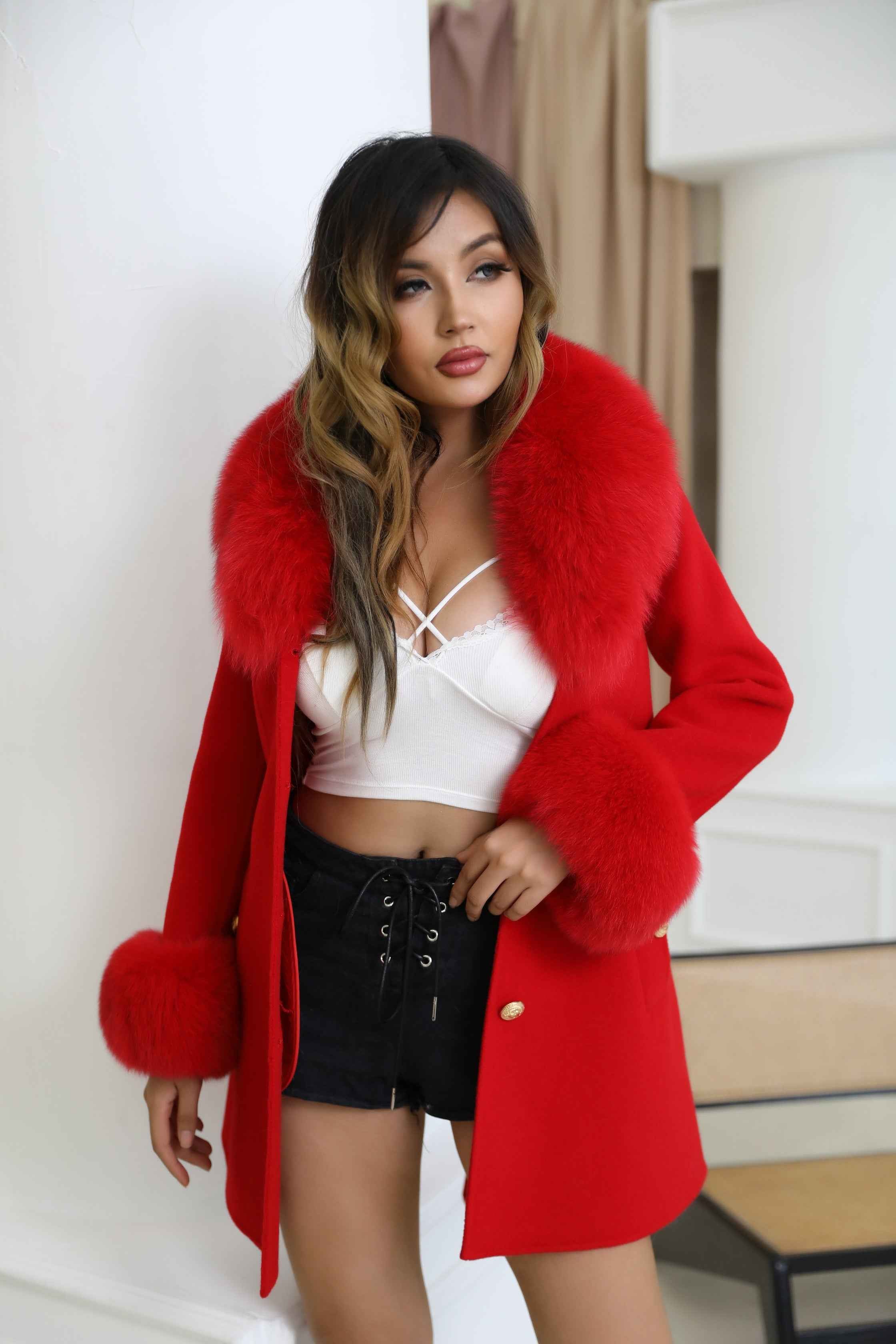 Autumn Winter Red Double - faced Wool Belted Coat