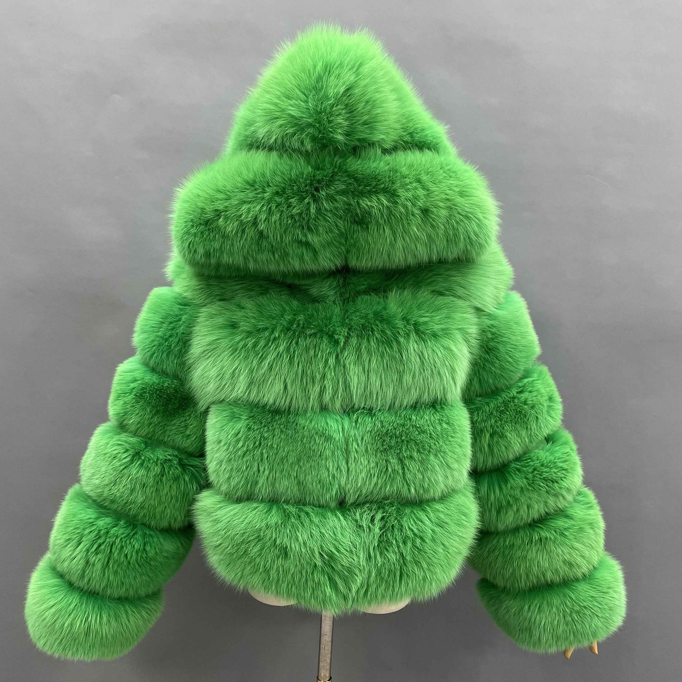 Women's Premium Fox Fur Hooded Short Coat - Layered Design Winter Fashion Warm Jacket Green