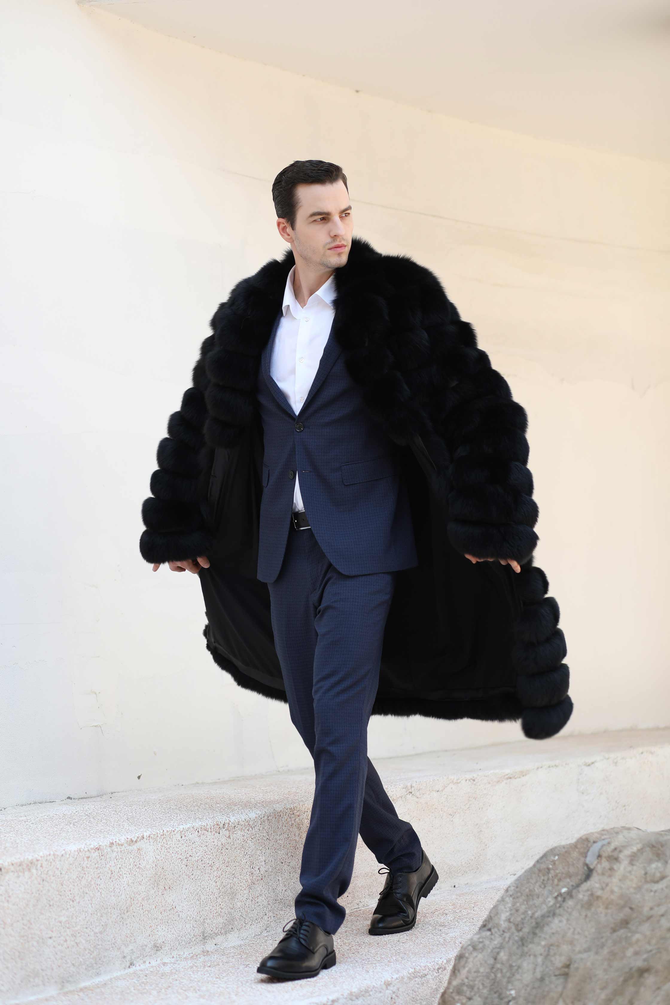 Men's Long Luxury Fur Collar Real Fox Fur Winter Fashion Coat - Janefur