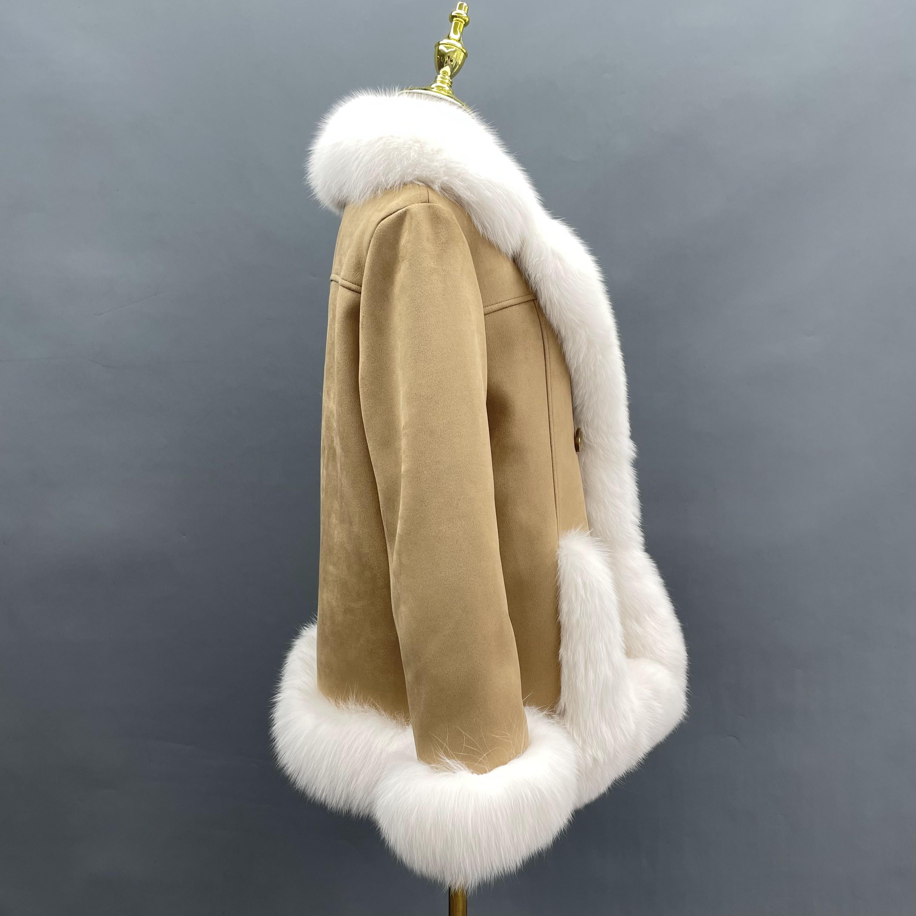 Suede Double Breasted Goose Down Women's Jacket with Suit Collar - Janefur
