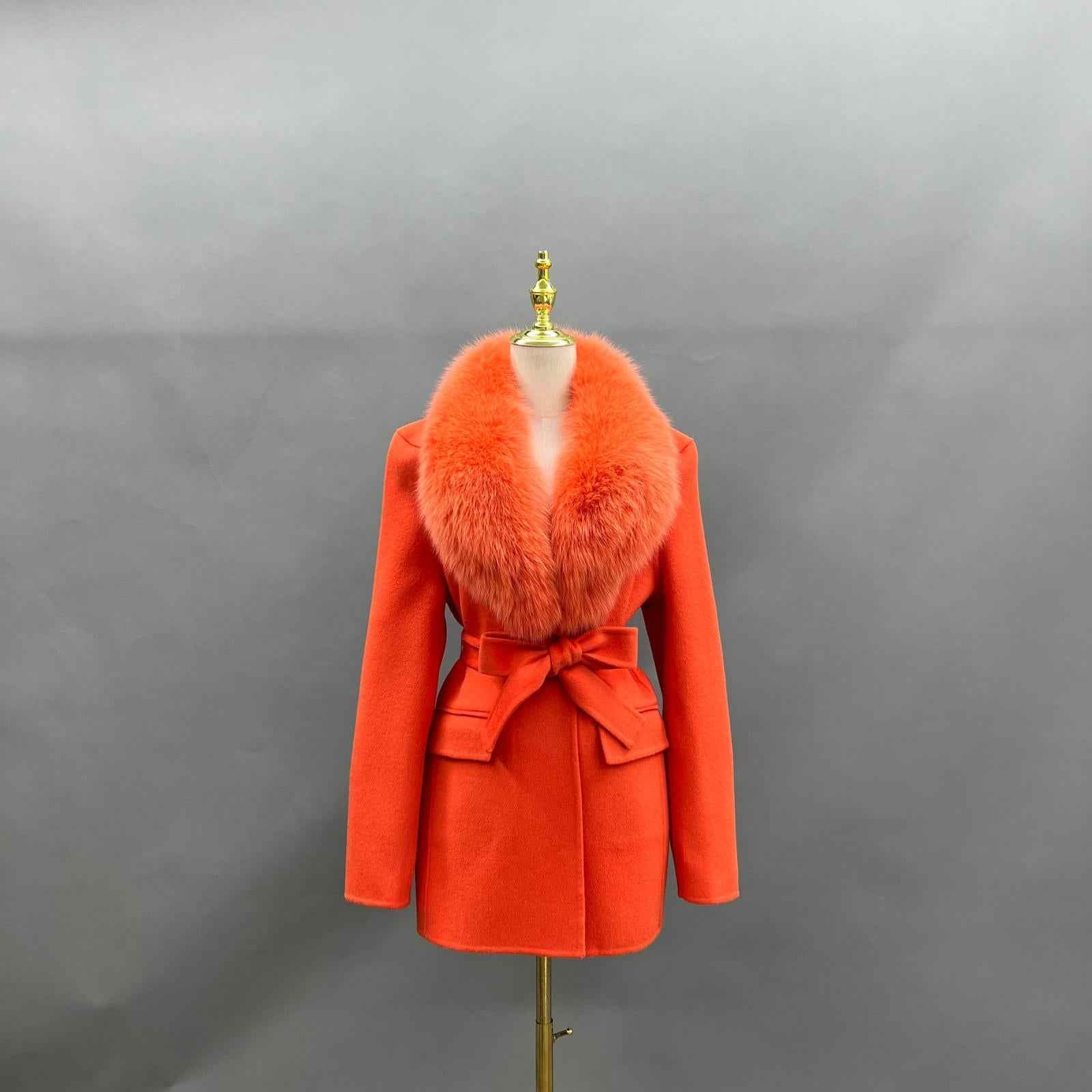 Fox Fur Collar Double-Faced Cashmere Coat for Women with Charming Notched Lapel Waist-Cinching Double-Faced Wool Jacket - Janefur
