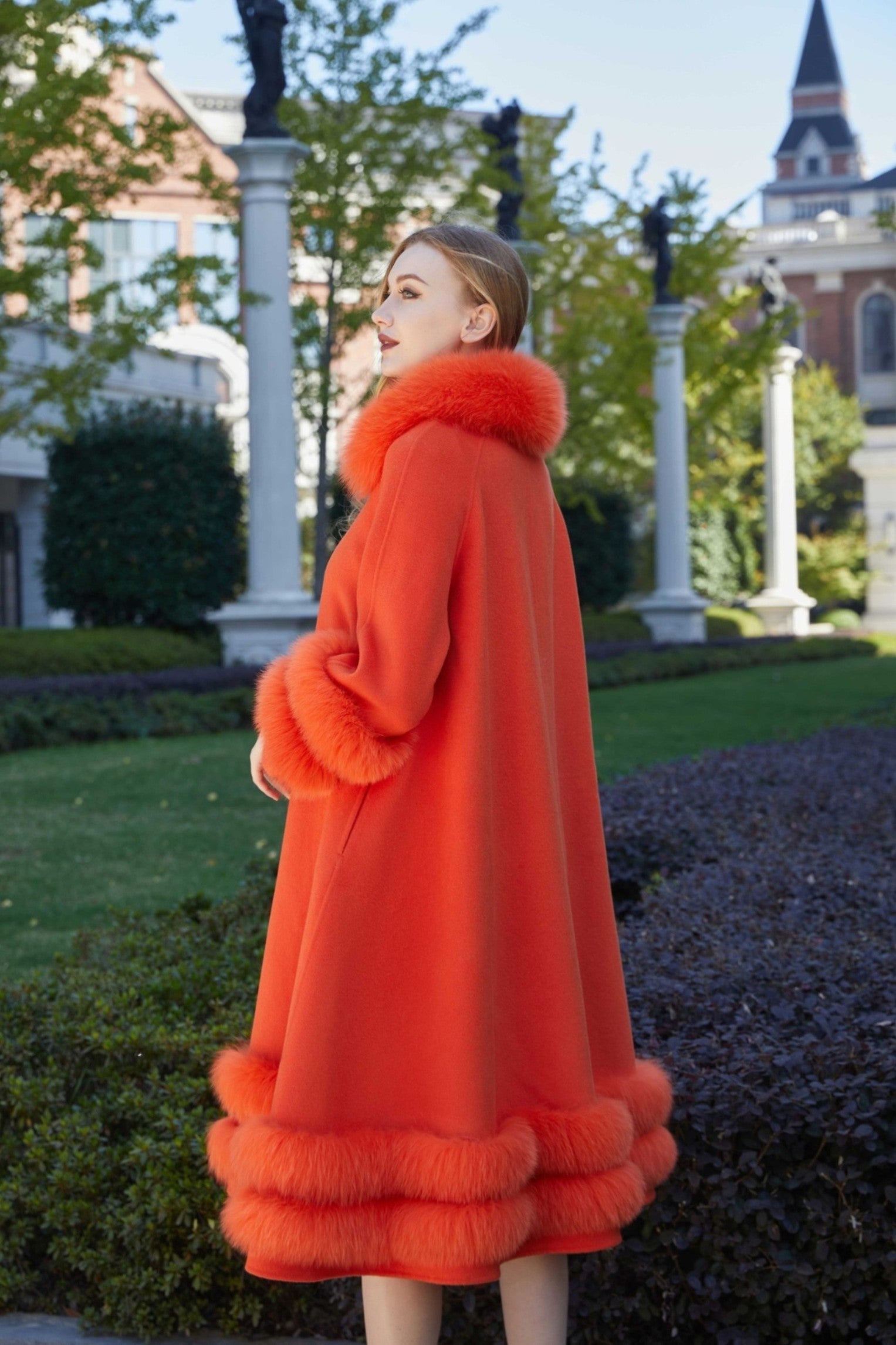 Women's Double Sided Cashmere Coat with Two Sections of Fur Collar at Hem and Cuffs - Janefur