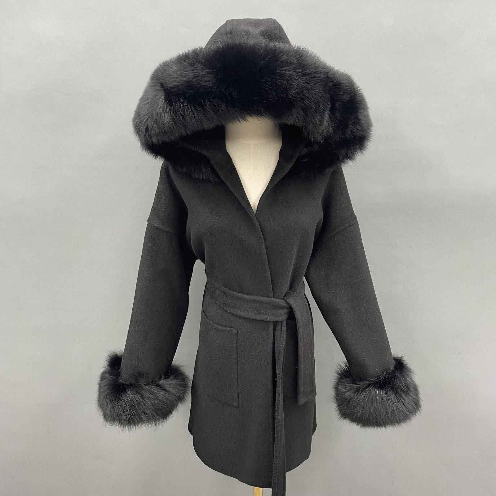 Women's Winter Warm Hooded Reversible Cashmere Short Coat Cuffs with Fur - Janefur