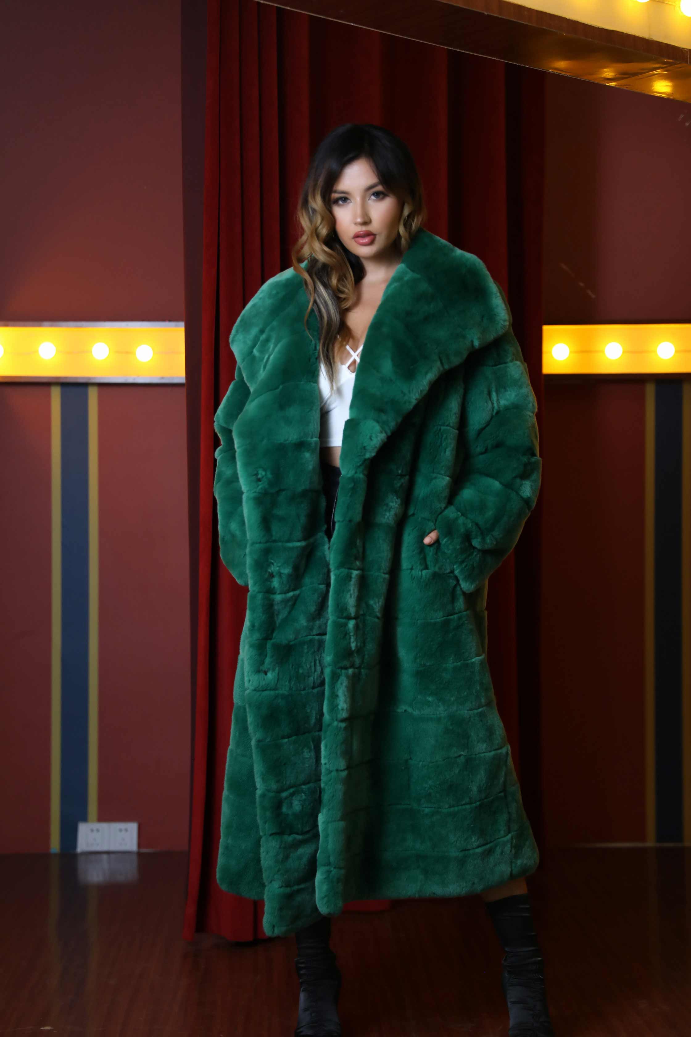 Ladies Real Rabbit Fur Lapel Long Solid Color Fur Coat - Janefur