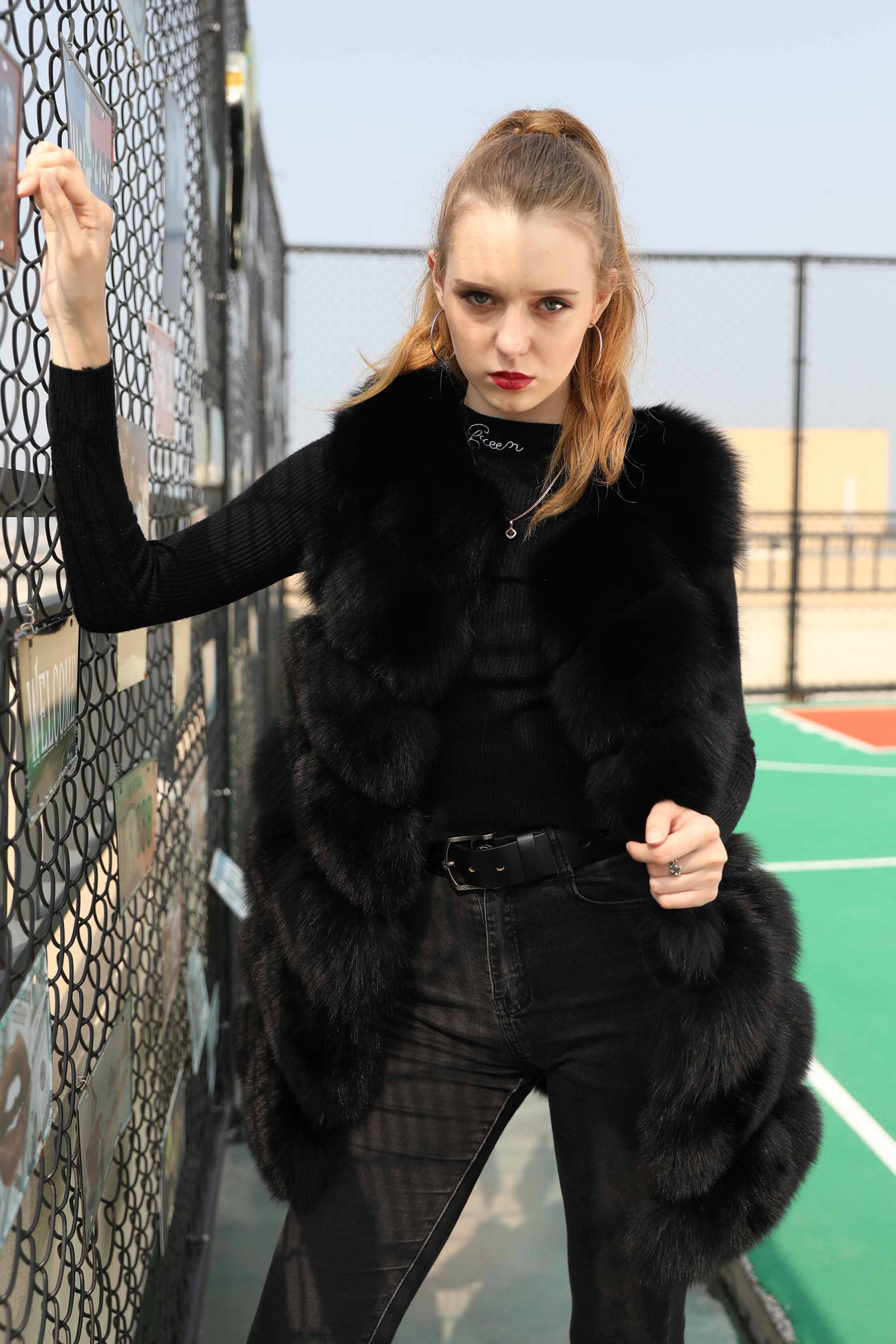 Women's Autumn And Winter Fox Real Fur Solid Sleeveless Vest - Janefur