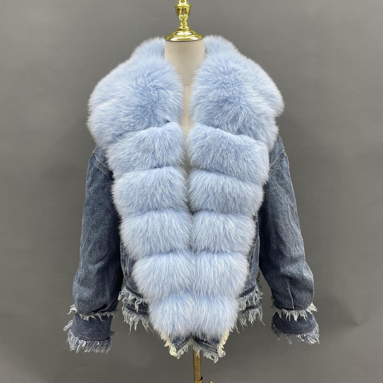 Women's Denim Jacket Leather Large Fox Fur Collar Winter Luxury Coat Fluffy Jacket Denim Blue Down Outerwear - Janefur