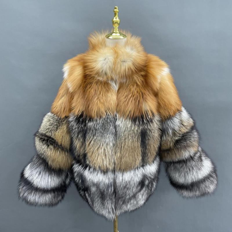 Standing Collar Real Fox Fur Silver Fox Winter Women's Coat - Janefur