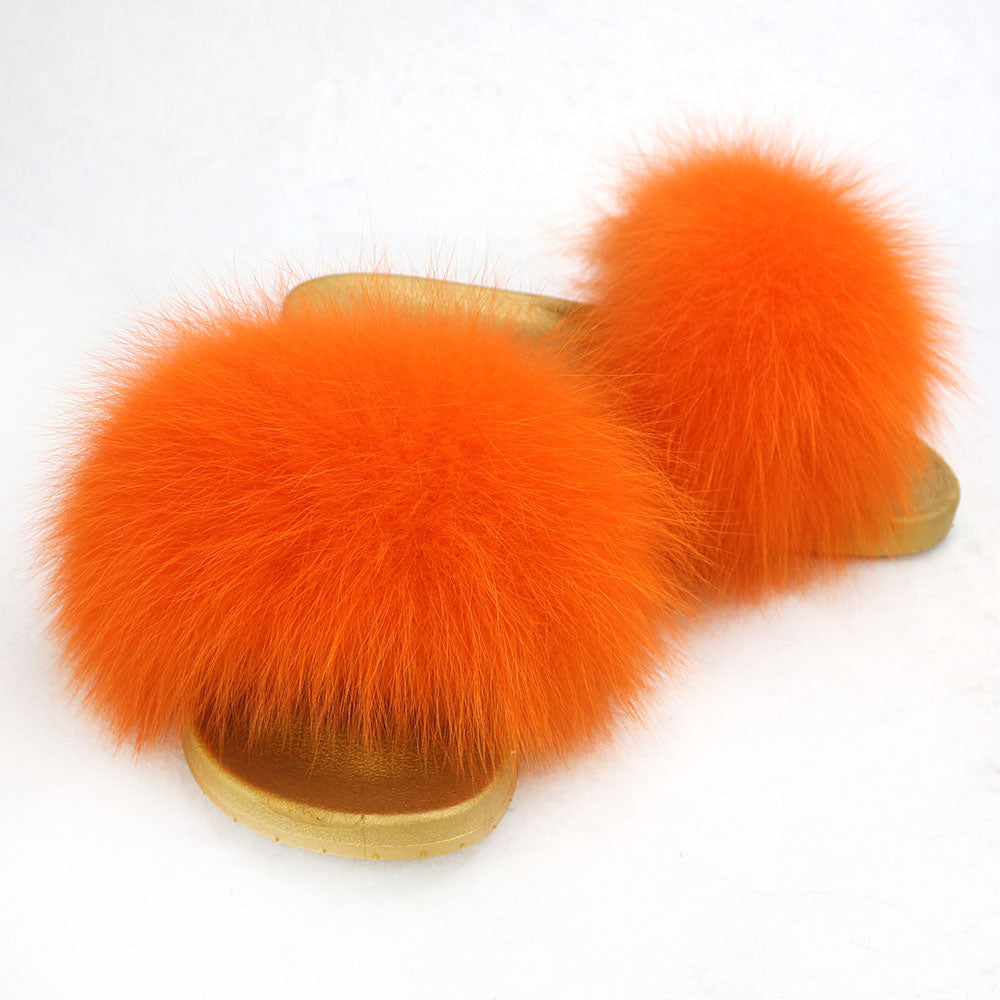 Janefur Wholesale Women's Fashion Slippers With Real Fox Fur Trim (Black, Gold, Silver Soles)