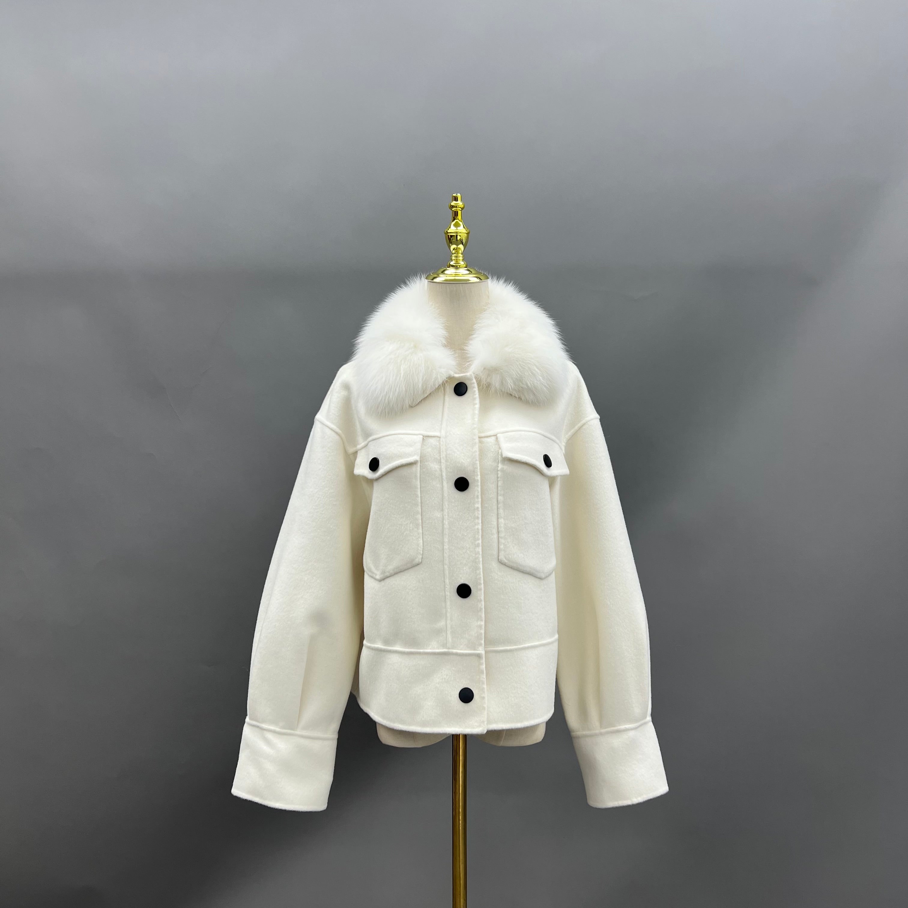 Women's Short Fox Fur Lapel Buckle Fly Casual Cashmere Jacket 11#Pure White