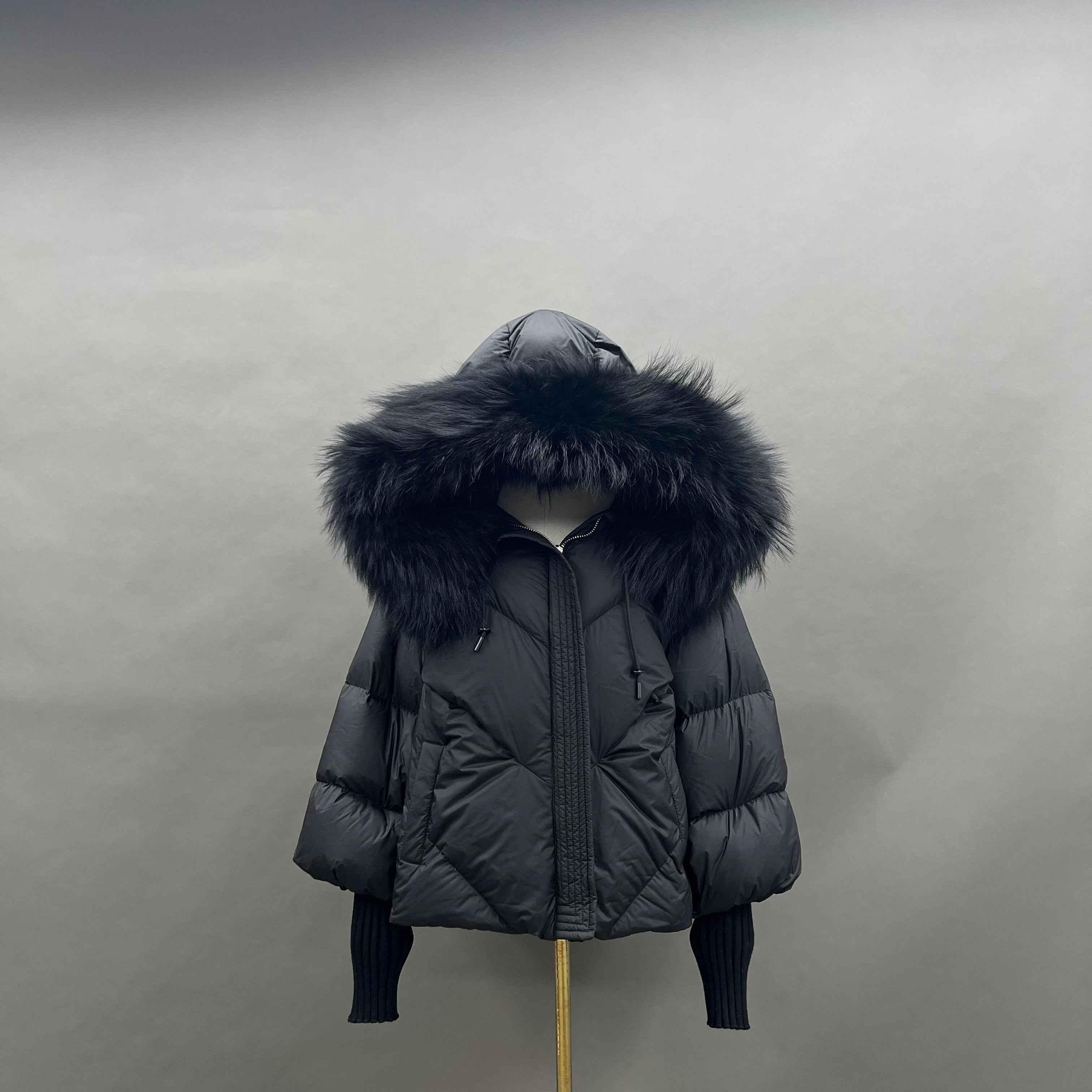 Women's Puffer Down Jacket with Raccoon Fur Trimmed Hood and Elastic - Extended Sleeves