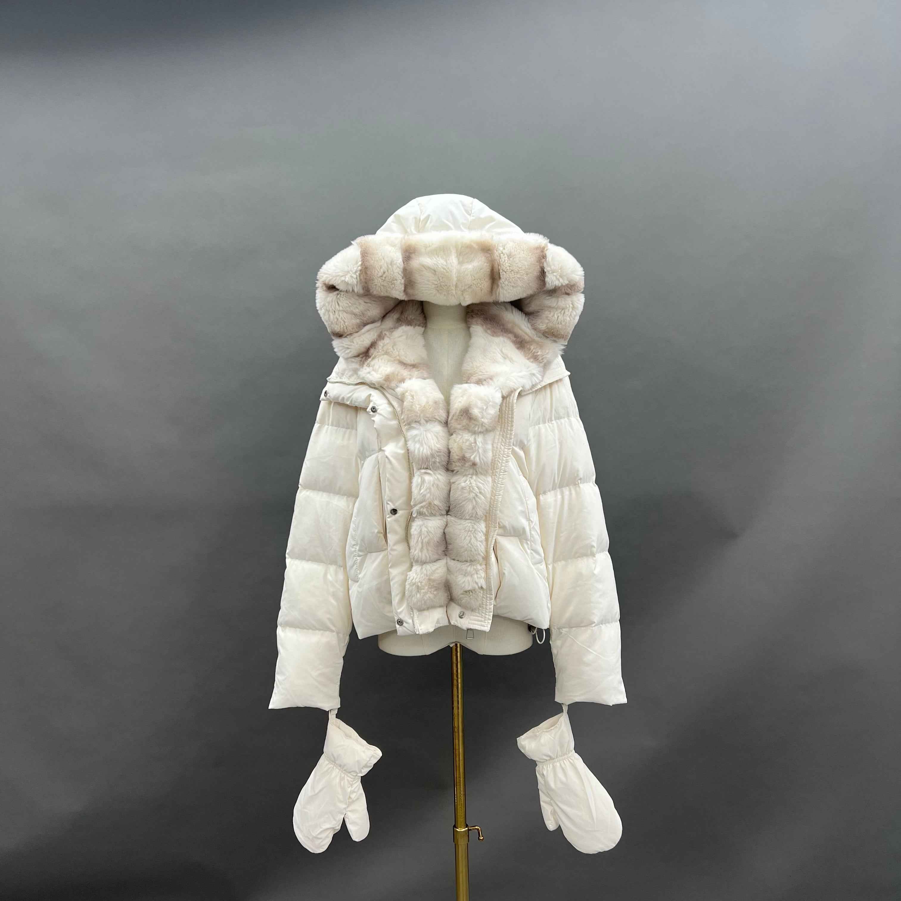 Women's Down Jacket with Removable Rabbit Fur Lined Hood & Front, Detachable Gloves Included
