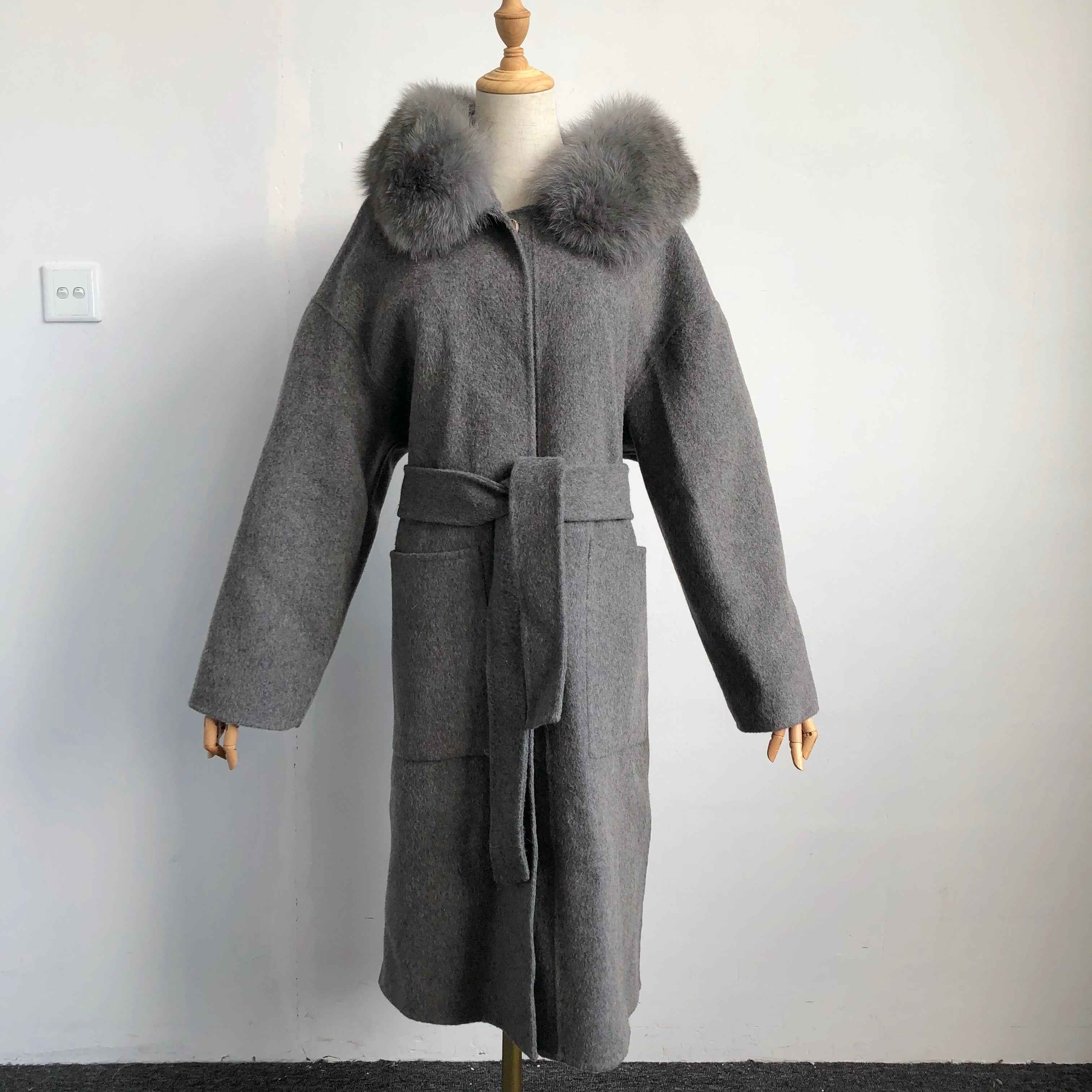 Modern Hooded Double-Faced Wool Coat with Cozy Fox Fur Details