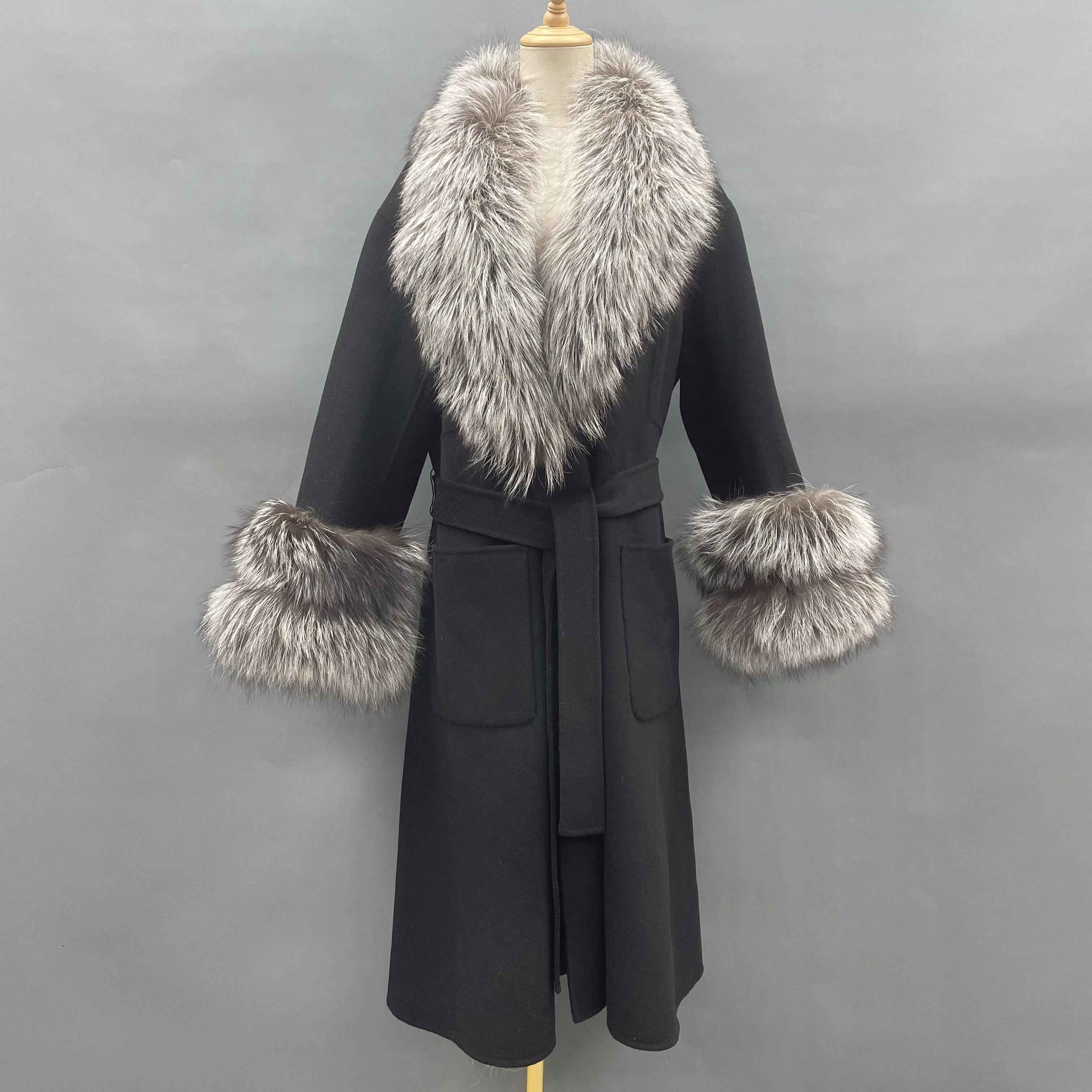 Women's Double-Faced Wool Coat with Real Fox Fur Collar – Long Ivory Trench Coat, Elegant Winter Outerwear for Women 19#Charcoal Grey with White Fur