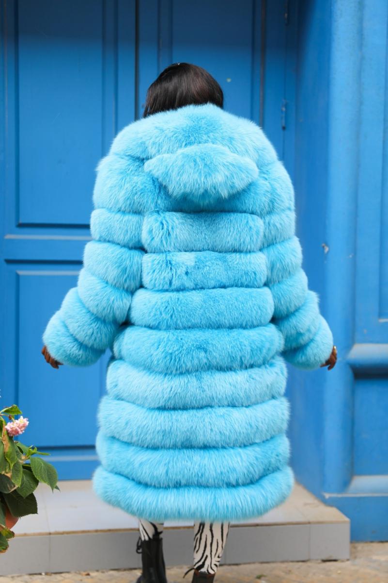 Long Blue Fox Hooded Fox Fur Coat - Janefur