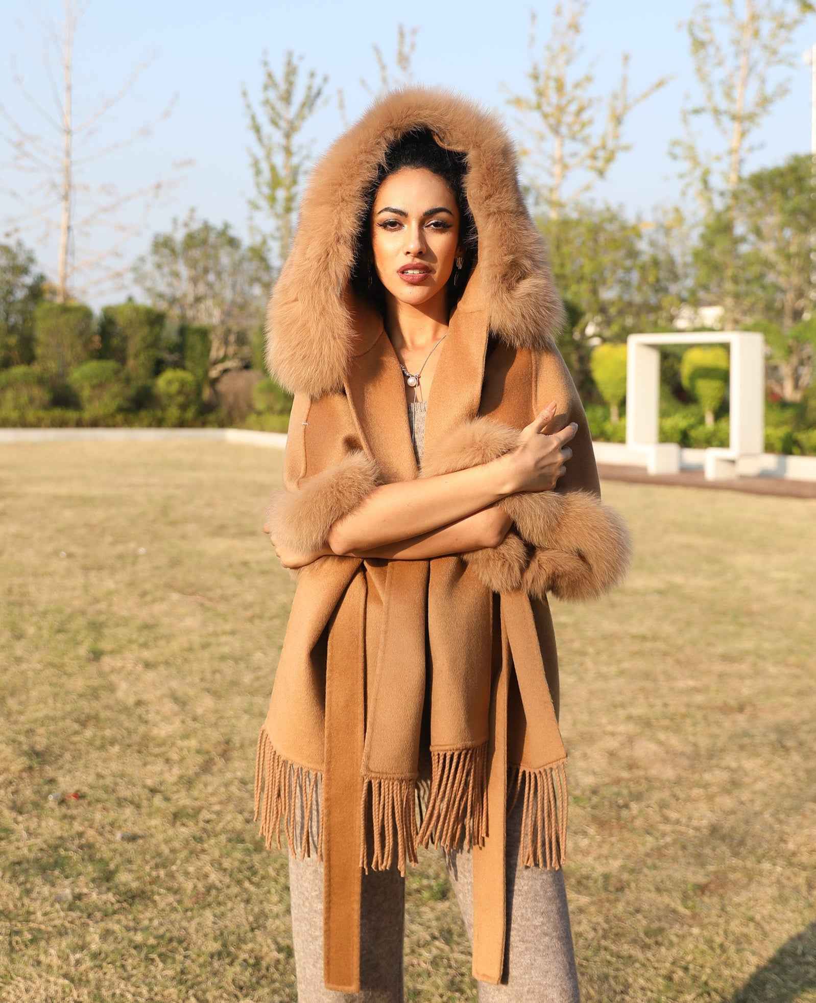 Hooded Double - Faced Wool Cape Coat with Fox Fur Trim and Fringe Hem