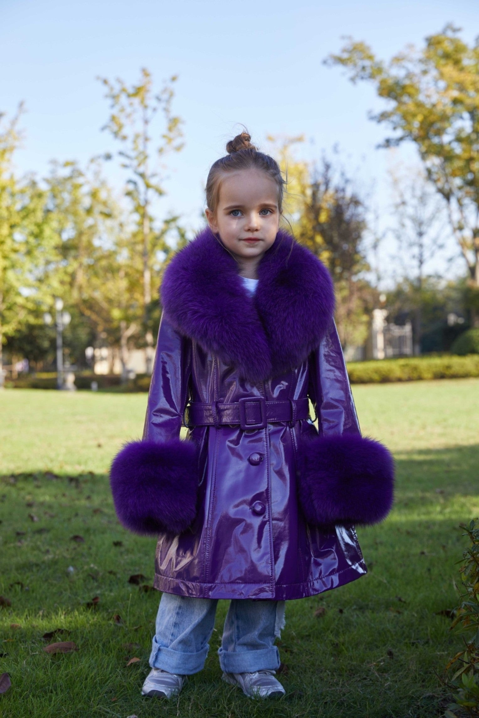 Children's Large Flip Collar Collar Terry Long Shiny Leather Jacket - Janefur