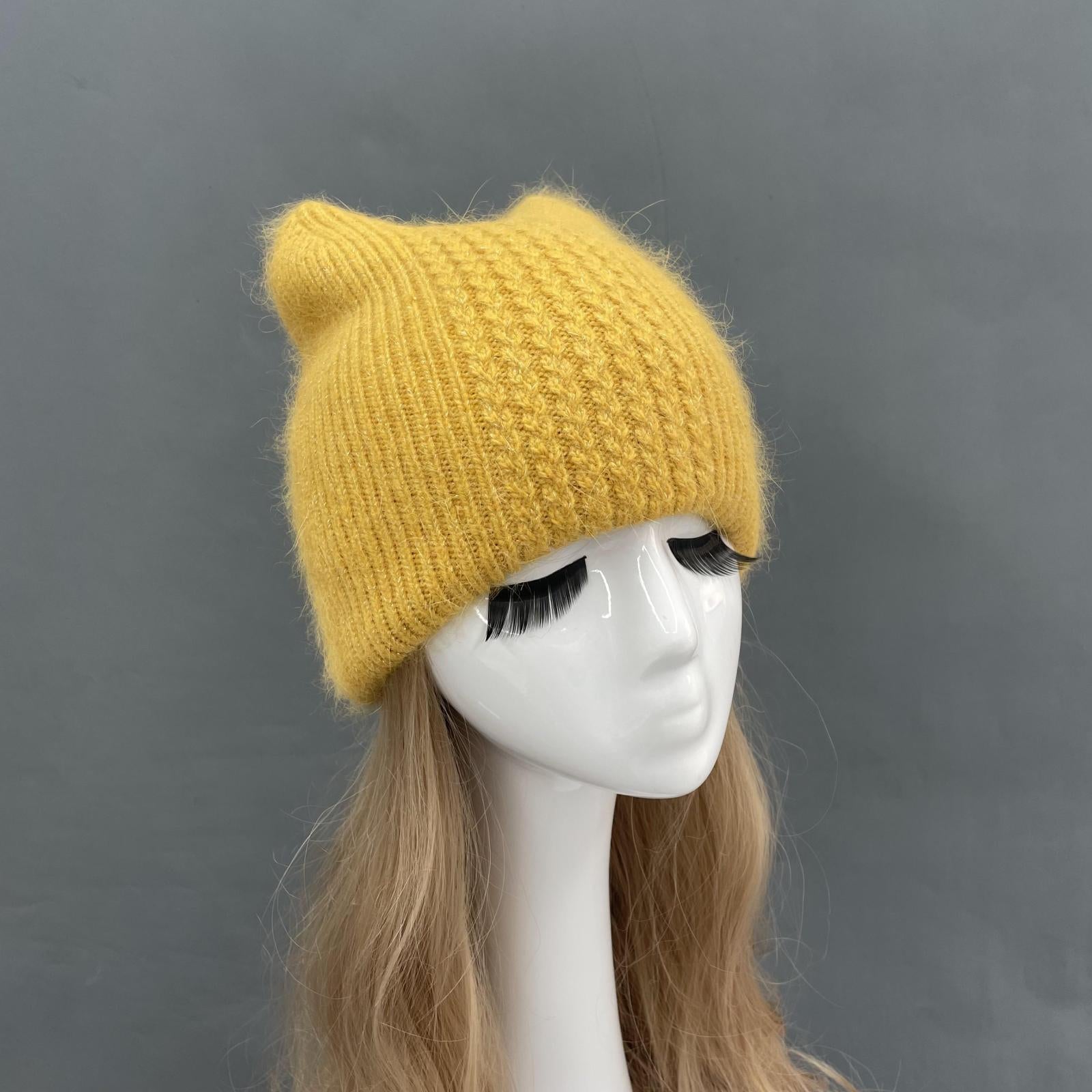 Women Cat Ears Double Layer Knitted Beanie Hat - Janefur