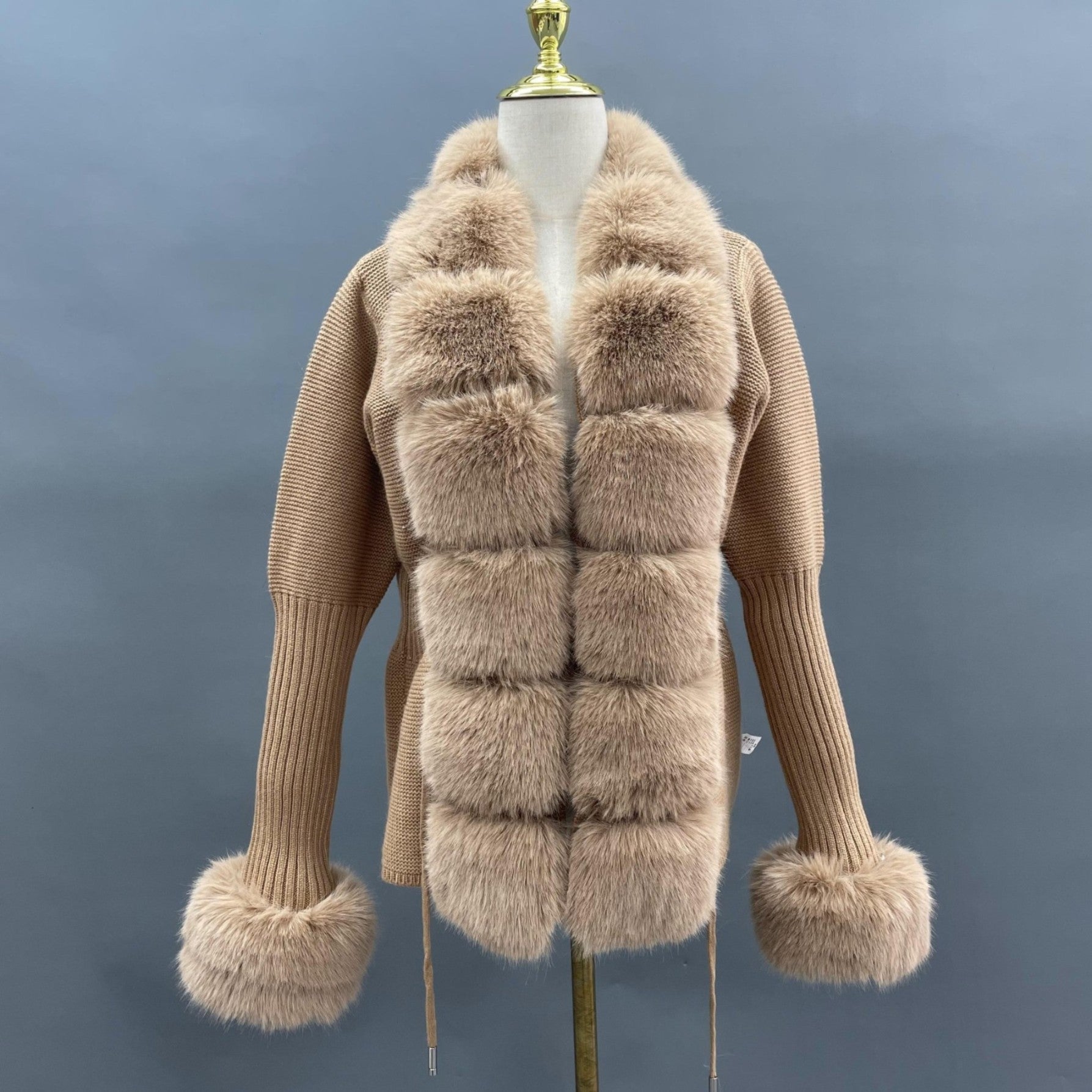 Women's Knitted Sweater Coat Cuff Placket with Eco-Fur Faux Fur - Janefur