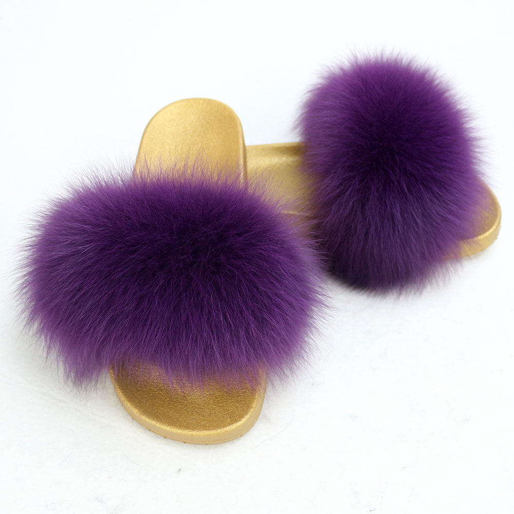 Janefur Wholesale Women's Fashion Slippers With Real Fox Fur Trim (Black, Gold, Silver Soles)
