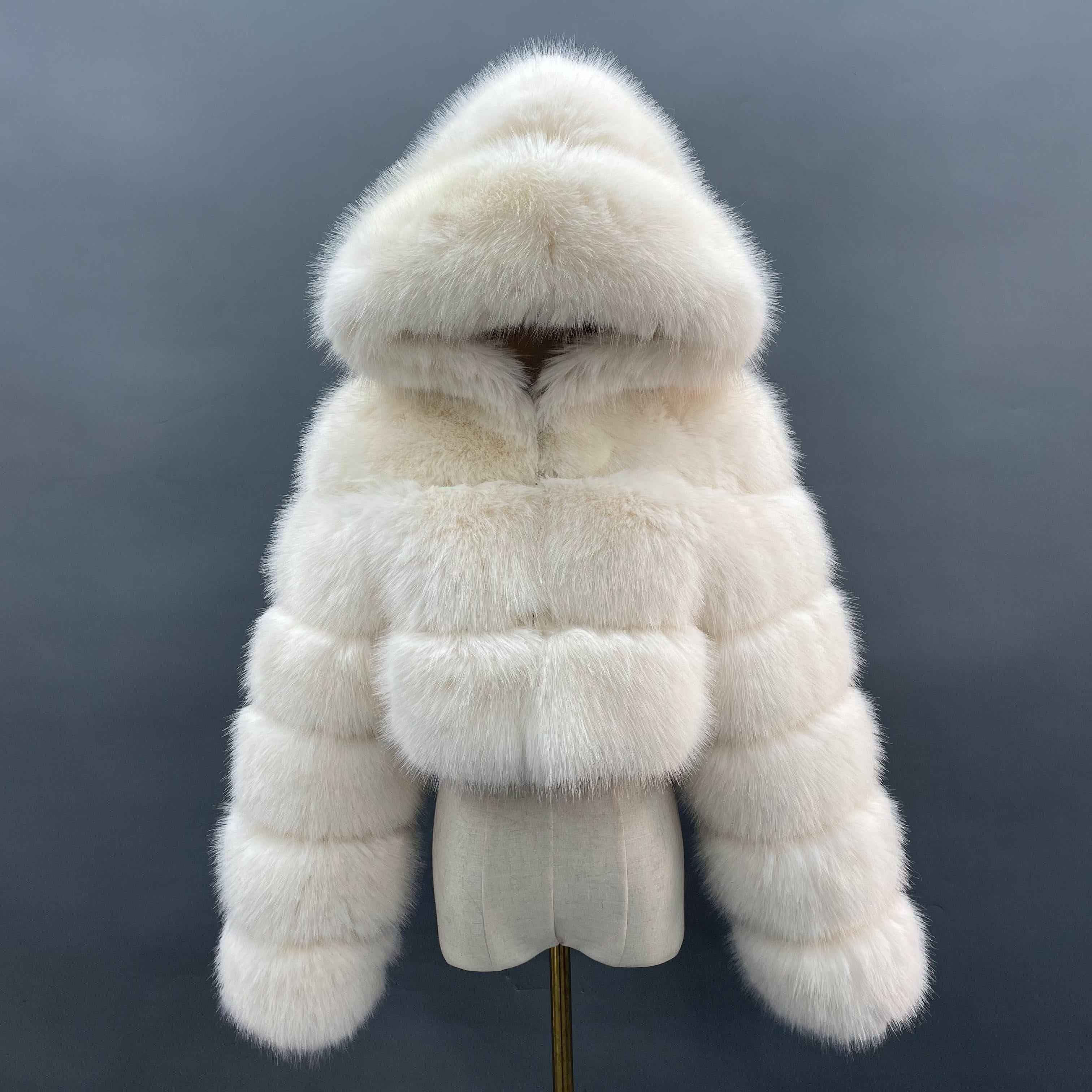 Three - Panel Faux Fur Cropped Hooded Coat