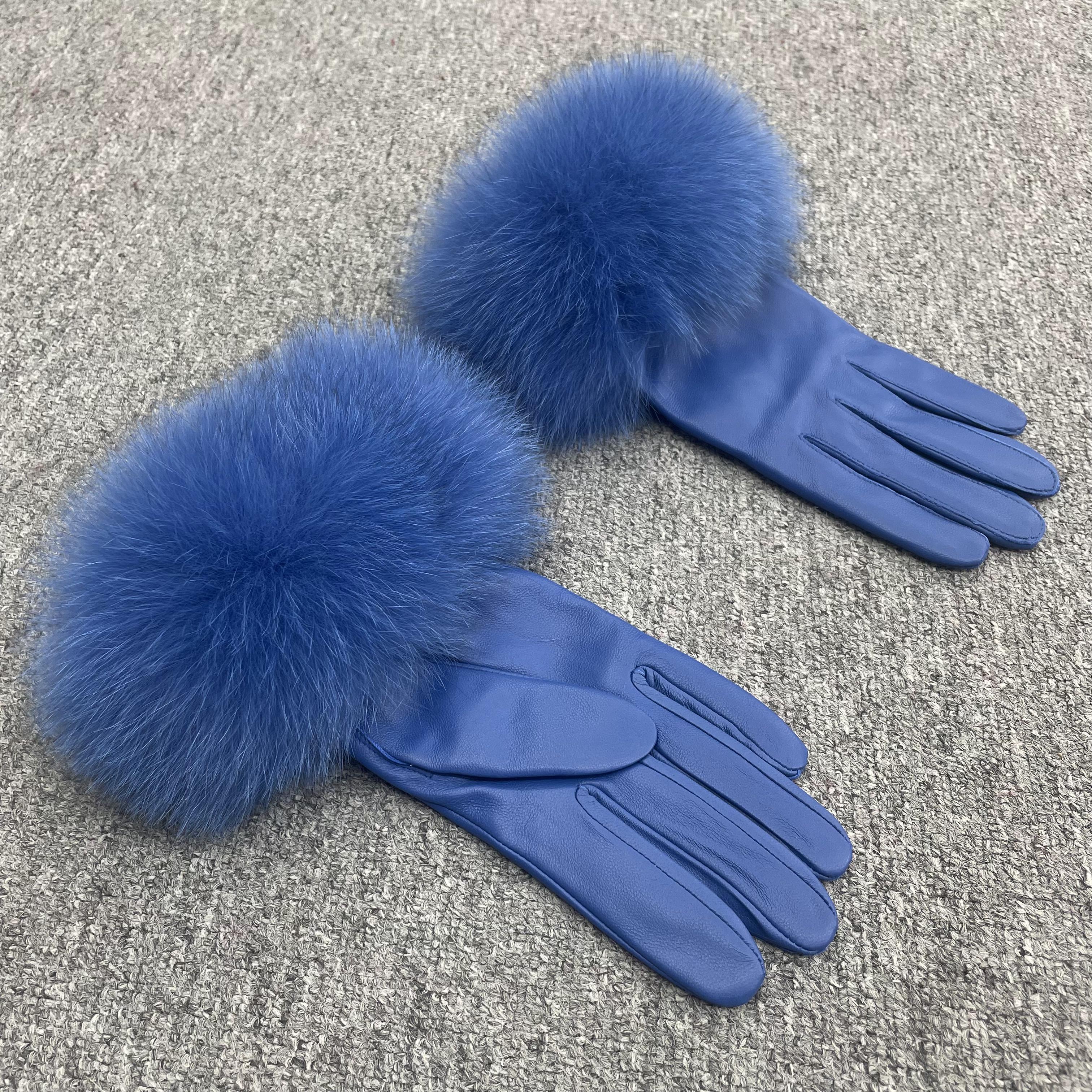 Women’s Black Leather Gloves with Real Fox Fur Trim – Elegant Winter Fashion Accessory for Luxury Style 6 F