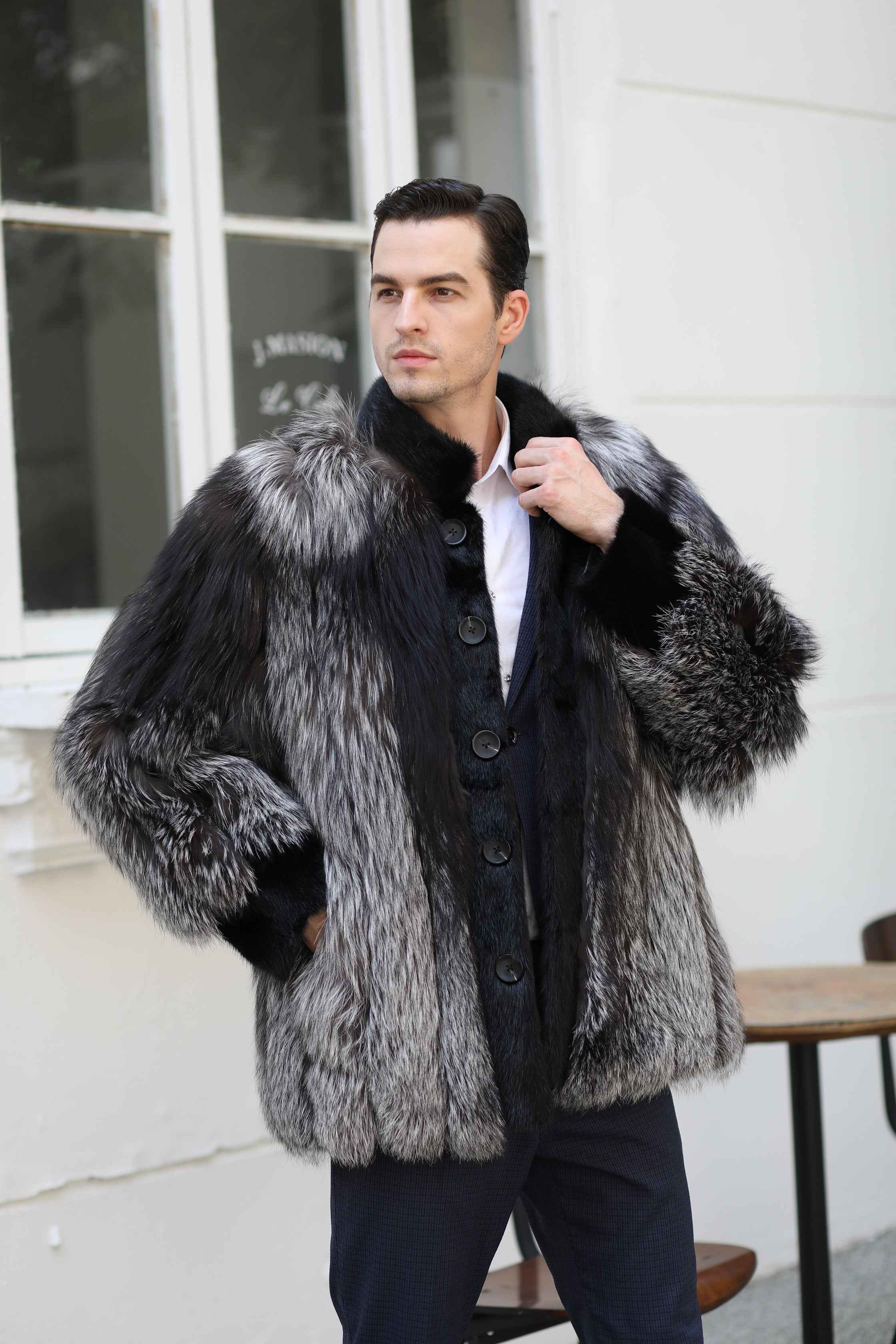 Men's Luxurious Silver Fox Fur Jacket with Mink Placket Detail - High-End Winter Outerwear