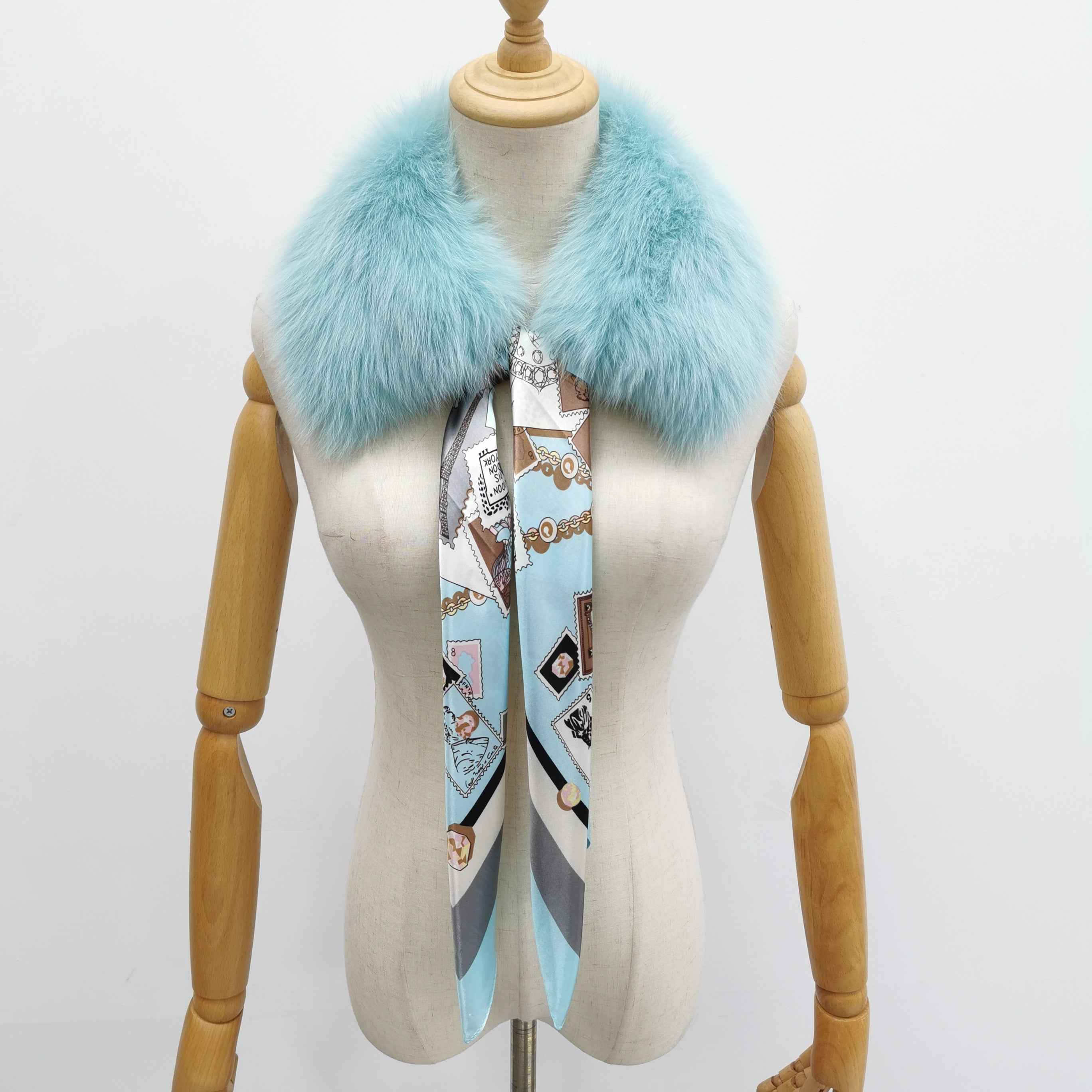 Women's Luxurious Fox Fur Small Square Collar with Printed Silk Scarf - Fashion Accessory 7#Light Blue F