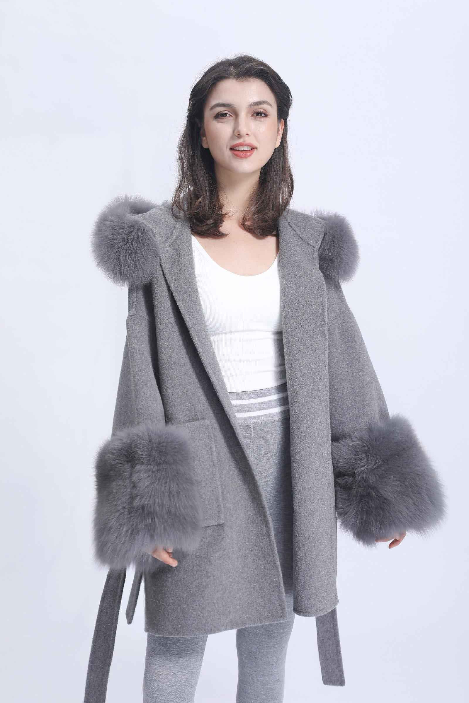 Double-faced Wool Coat Women's Casual Short Style with Cuffed Fur Sleeves, Hood, and Fur Collar Cashmere Jacket - Janefur