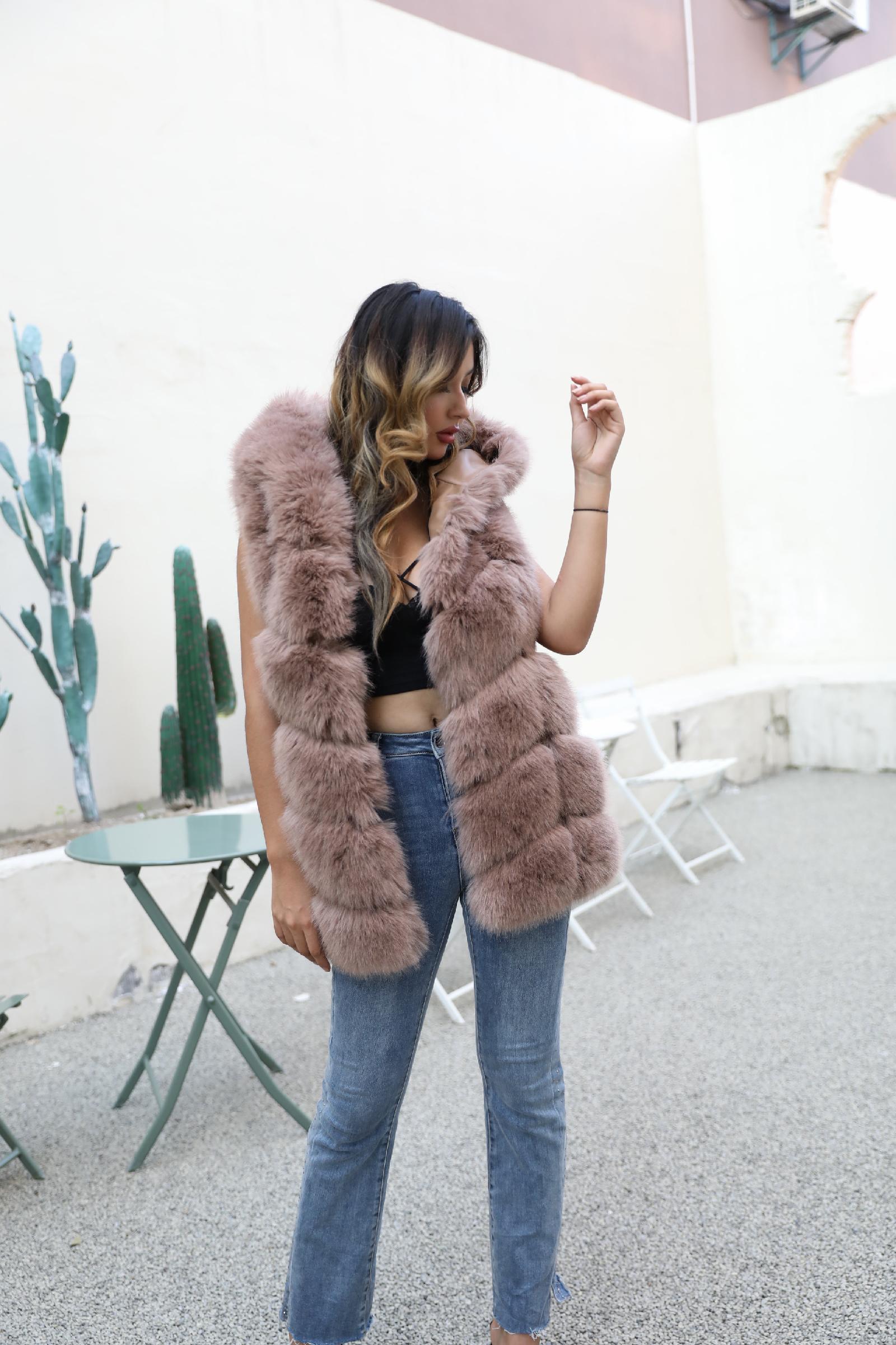 Women's Hooded Vest for Spring and Autumn Faux Fur Vest Eco Fur Coat - Janefur