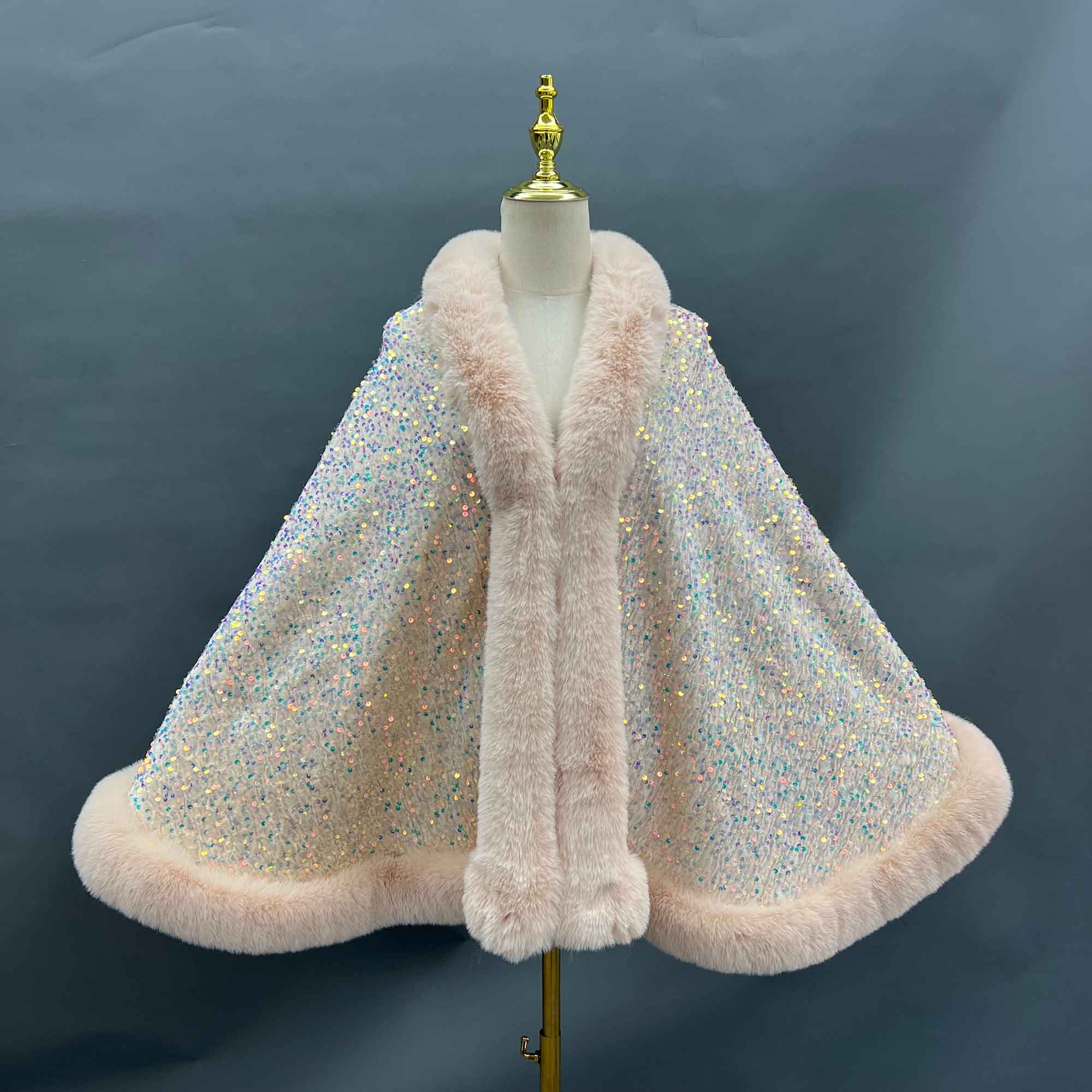 Janefur Fashionable Warm Faux Fur Sequined Cape Shawl - Janefur