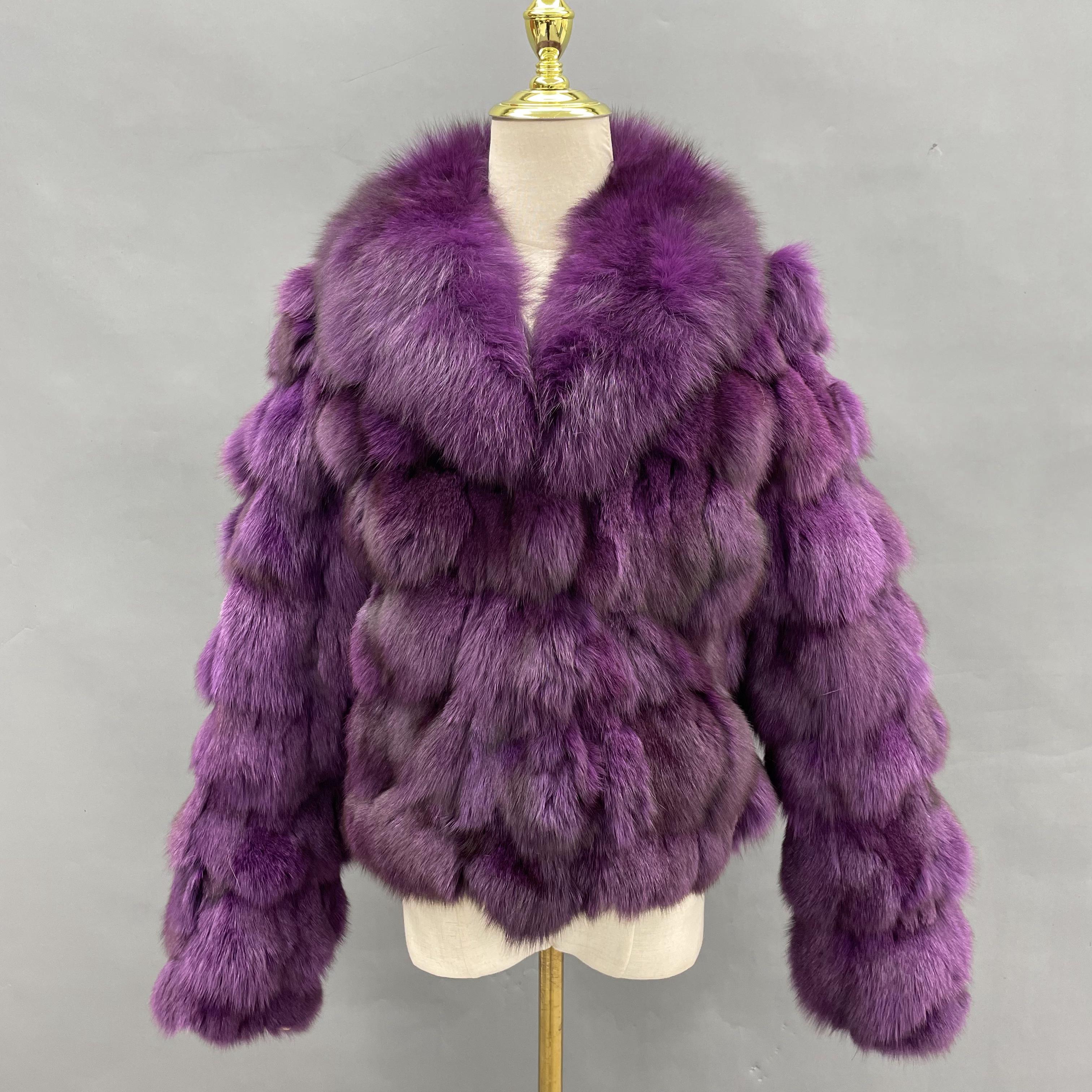 Plus Size Women's Short Stylish Lapel Real Fox Fur Luxury Jacket - Janefur