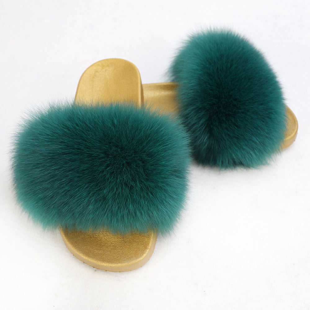 Janefur Wholesale Women's Fashion Slippers With Real Fox Fur Trim (Black, Gold, Silver Soles)