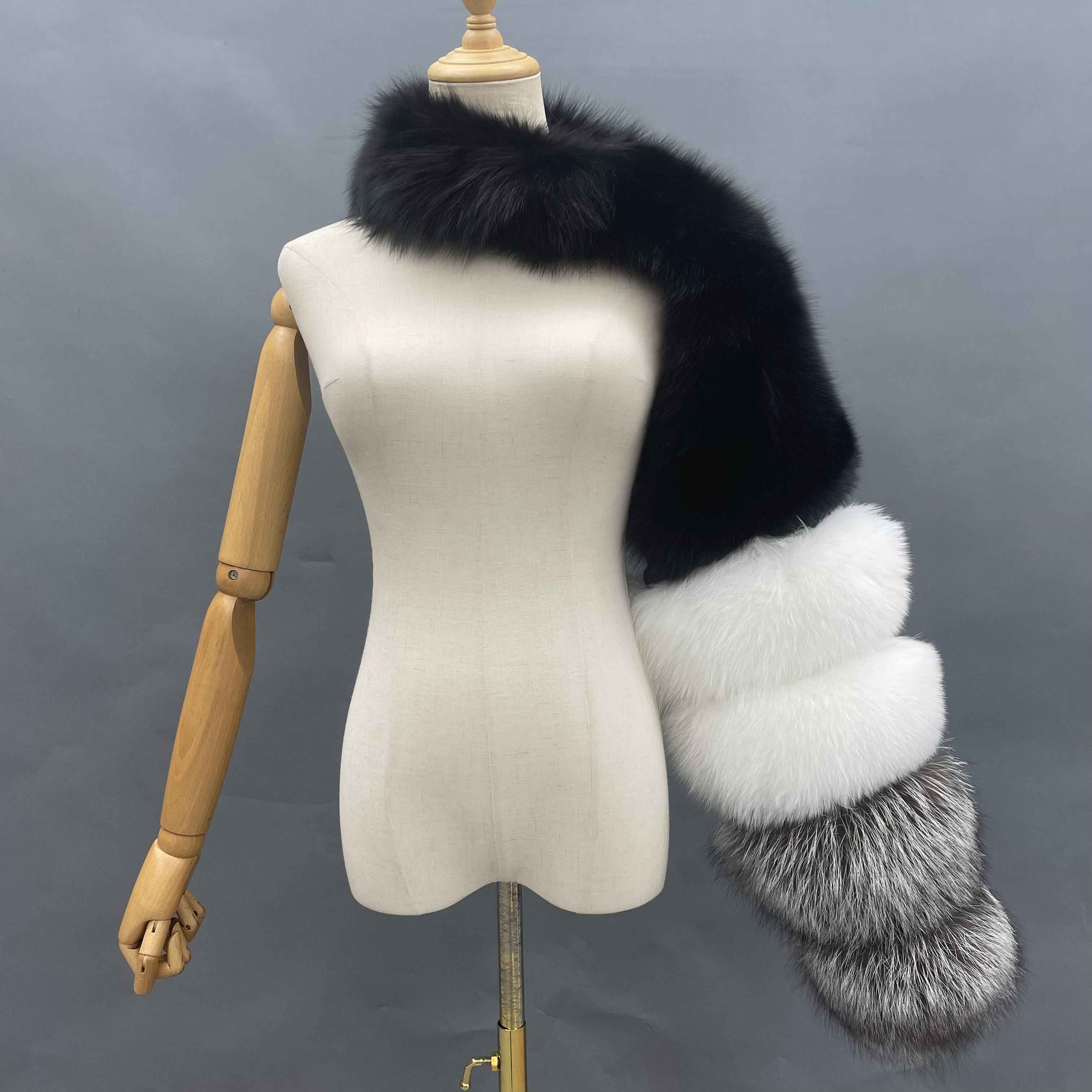 Women's Real Fox Fur Arm Warmers, Luxury Fur Sleeve Cuffs for Winter Fashion Accessories 37#Black White F