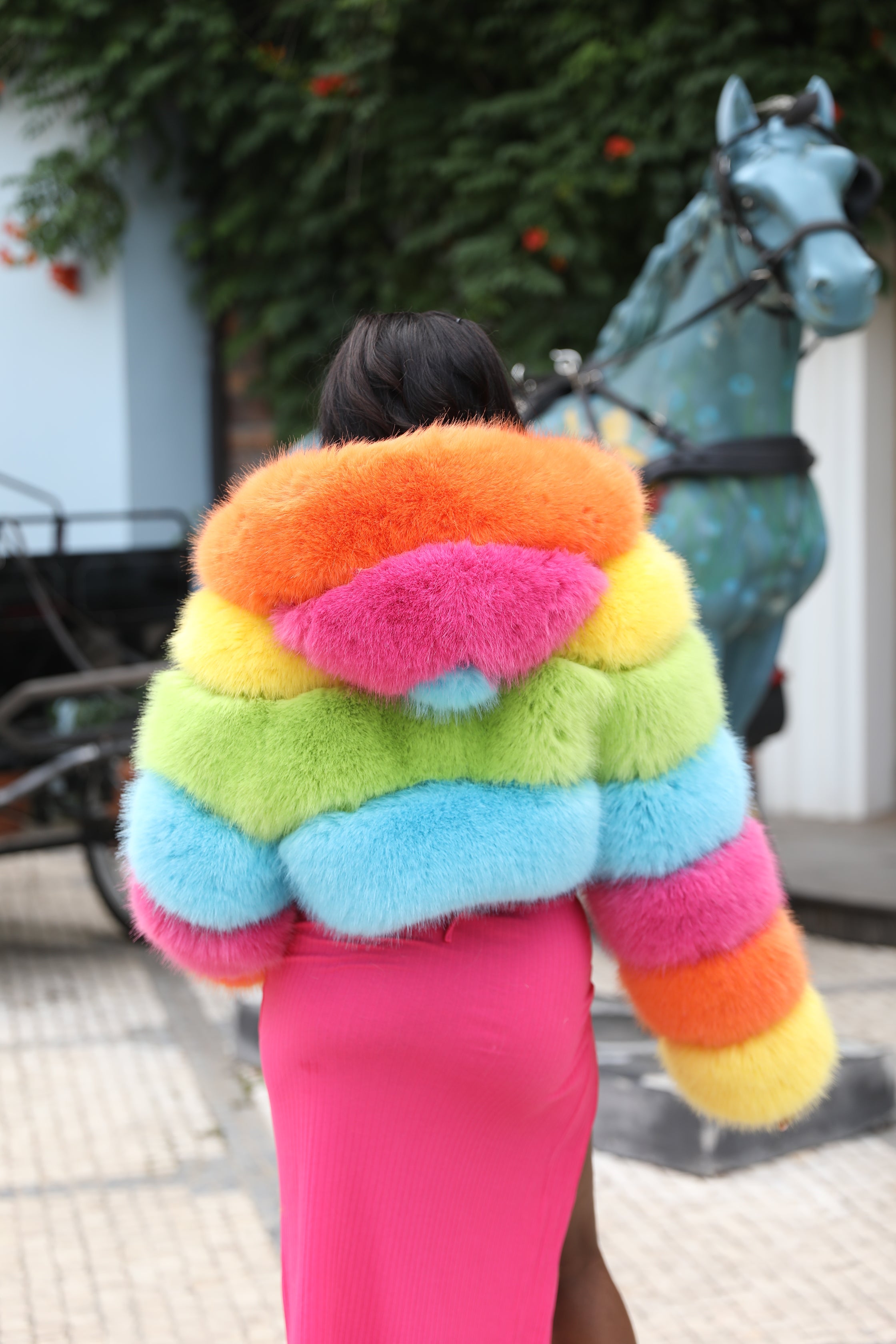 Three - Panel Faux Fur Cropped Hooded Coat