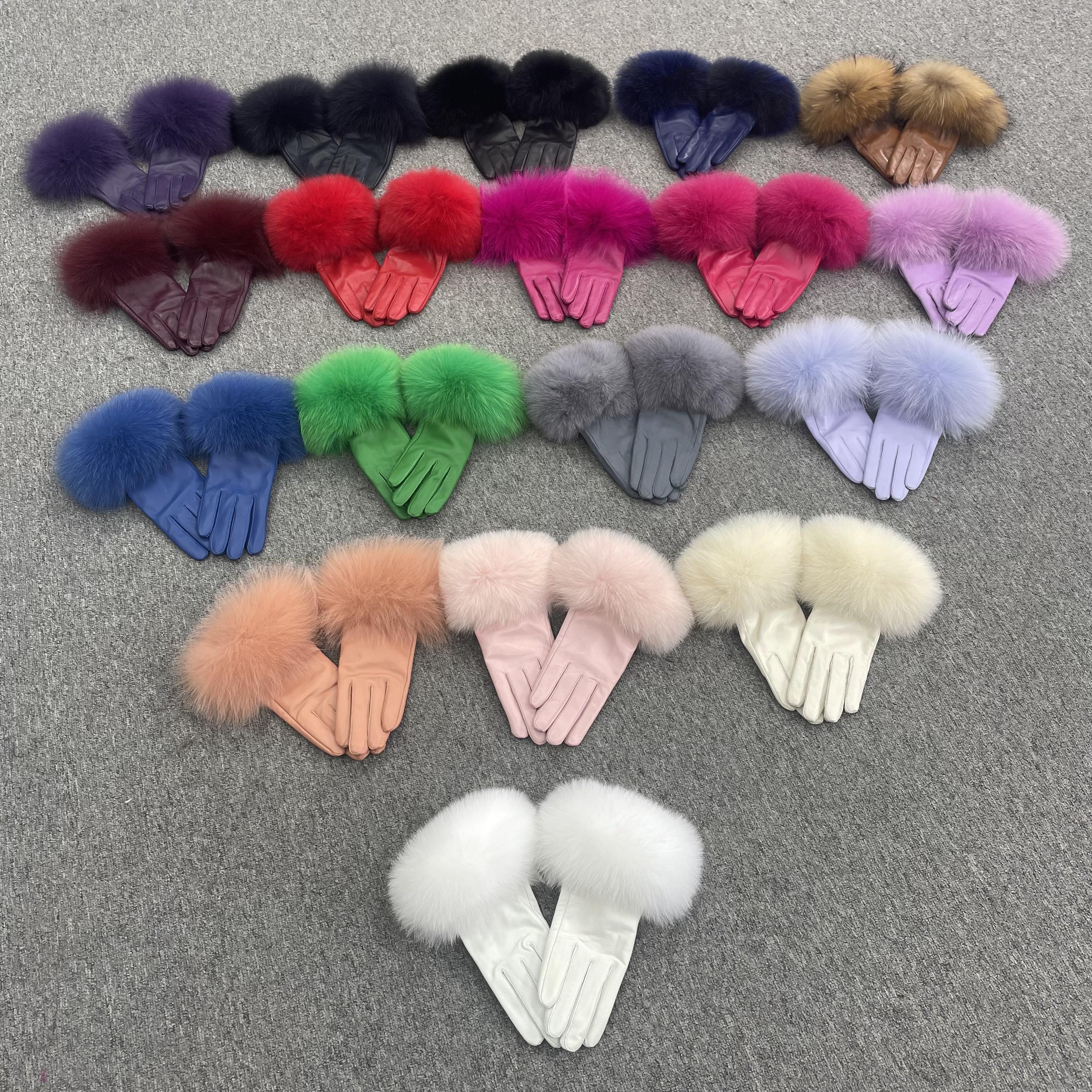 Women’s Black Leather Gloves with Real Fox Fur Trim – Elegant Winter Fashion Accessory for Luxury Style