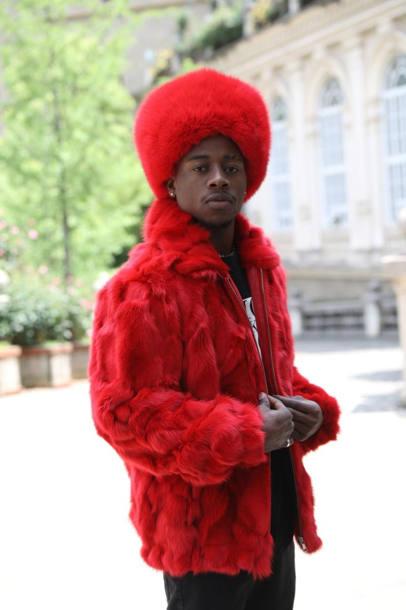 Red Coat Zipper Lapel Windproof Men's Fashion Fox Fur Jacket - Janefur
