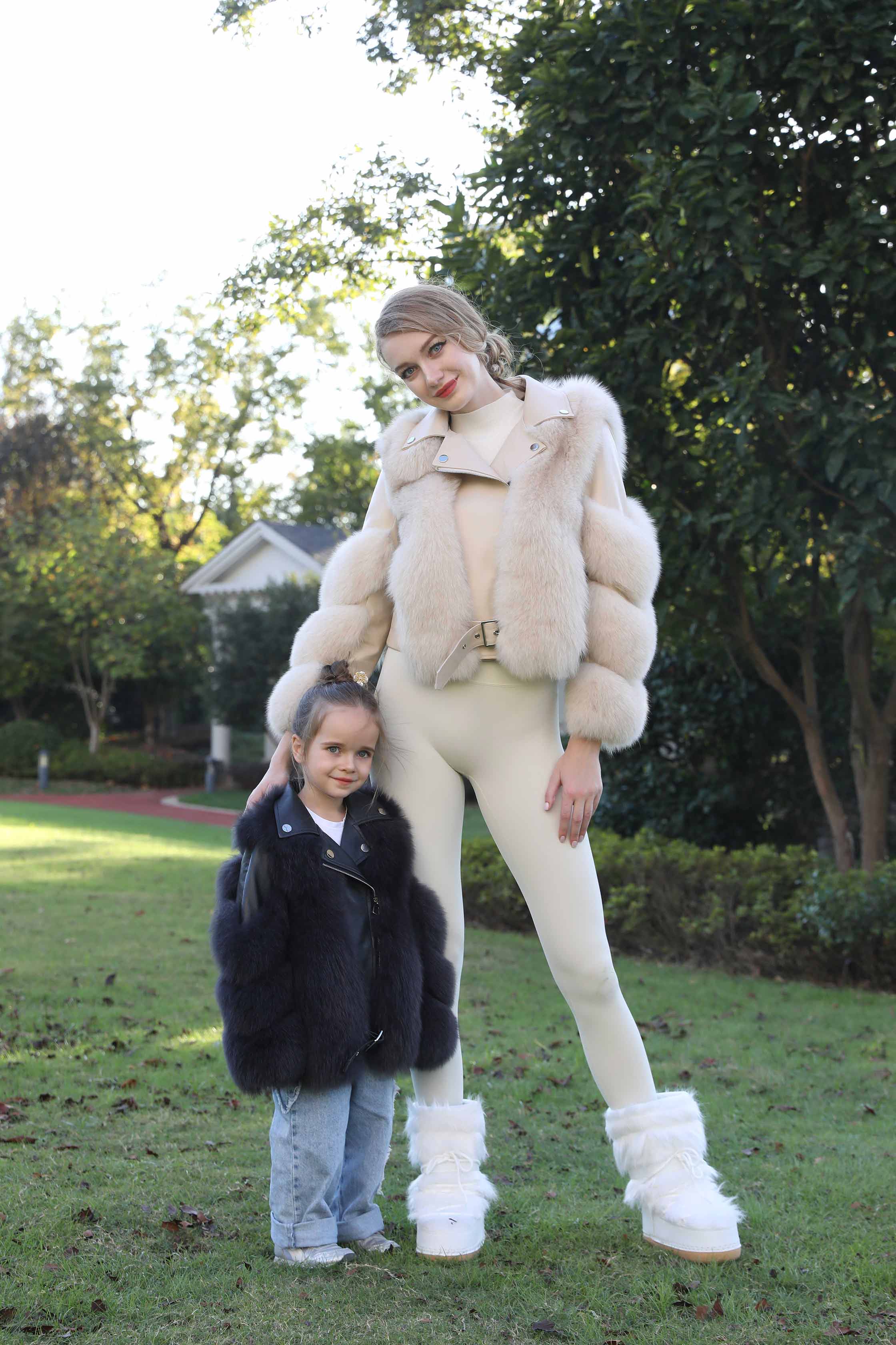 Children's Parent and Child Leather Collar Fox Fur Winter Coat - Janefur