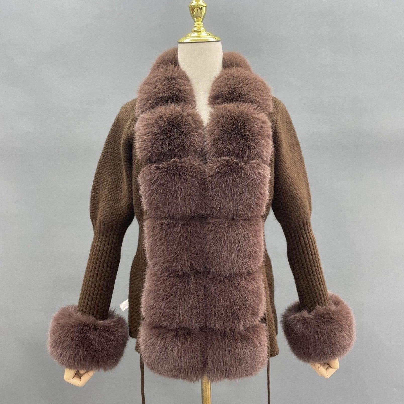 Women's Knitted Sweater Coat Cuff Placket with Eco-Fur Faux Fur - Janefur
