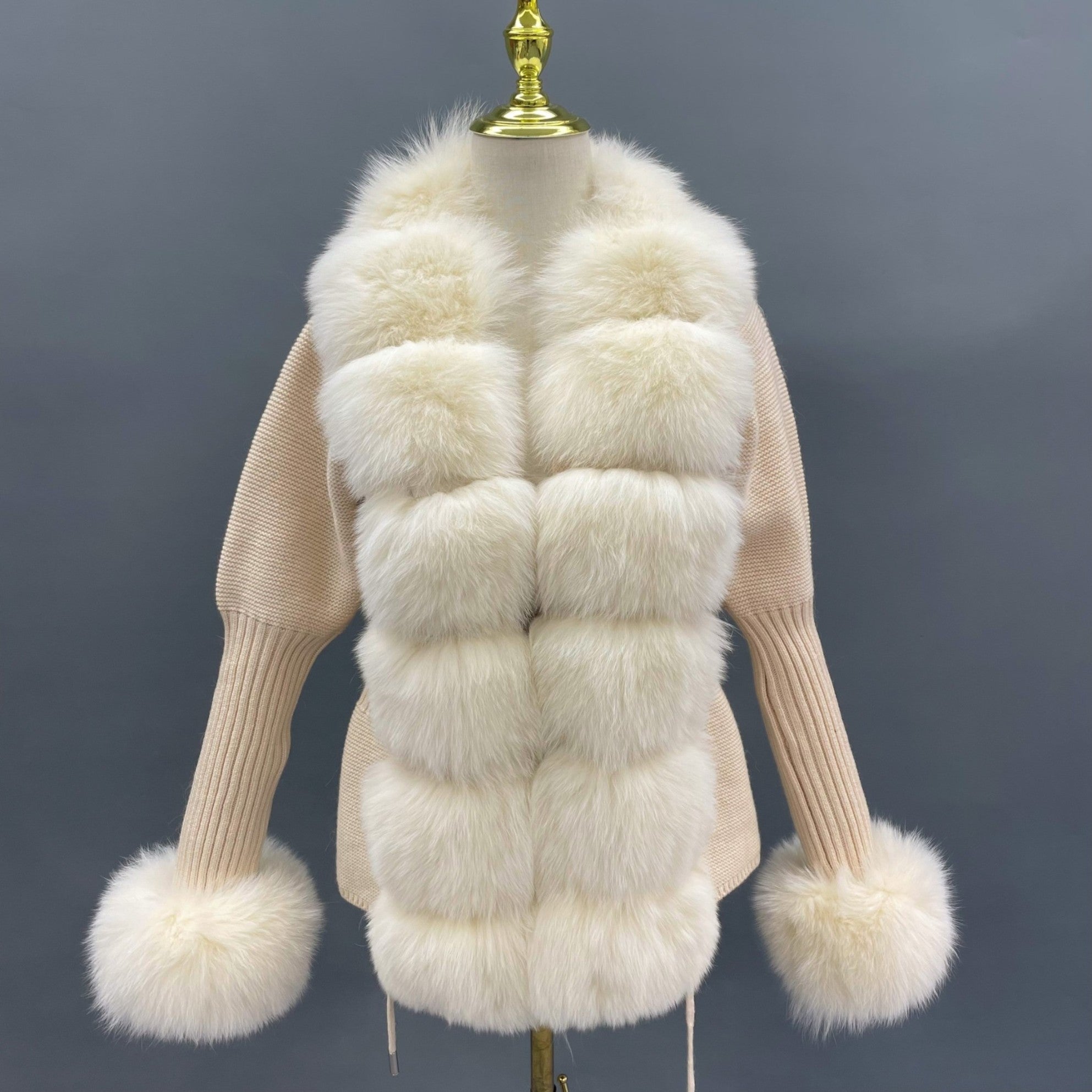 Women's Fashion Cuff Lapel with Fox Fur Knit Cardigan - Janefur