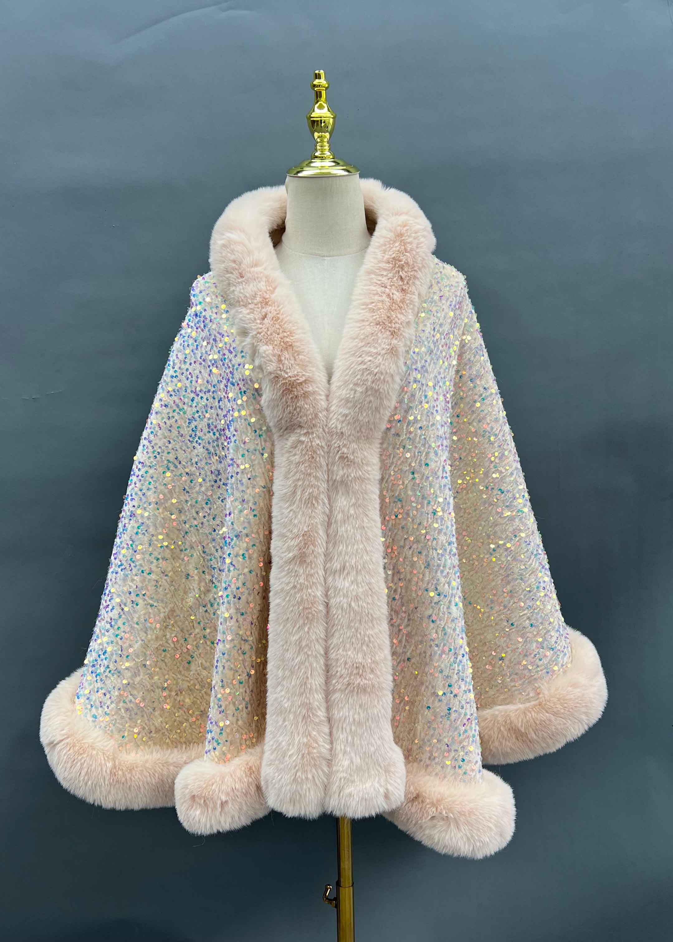 Janefur Fashionable Warm Faux Fur Sequined Cape Shawl - Janefur
