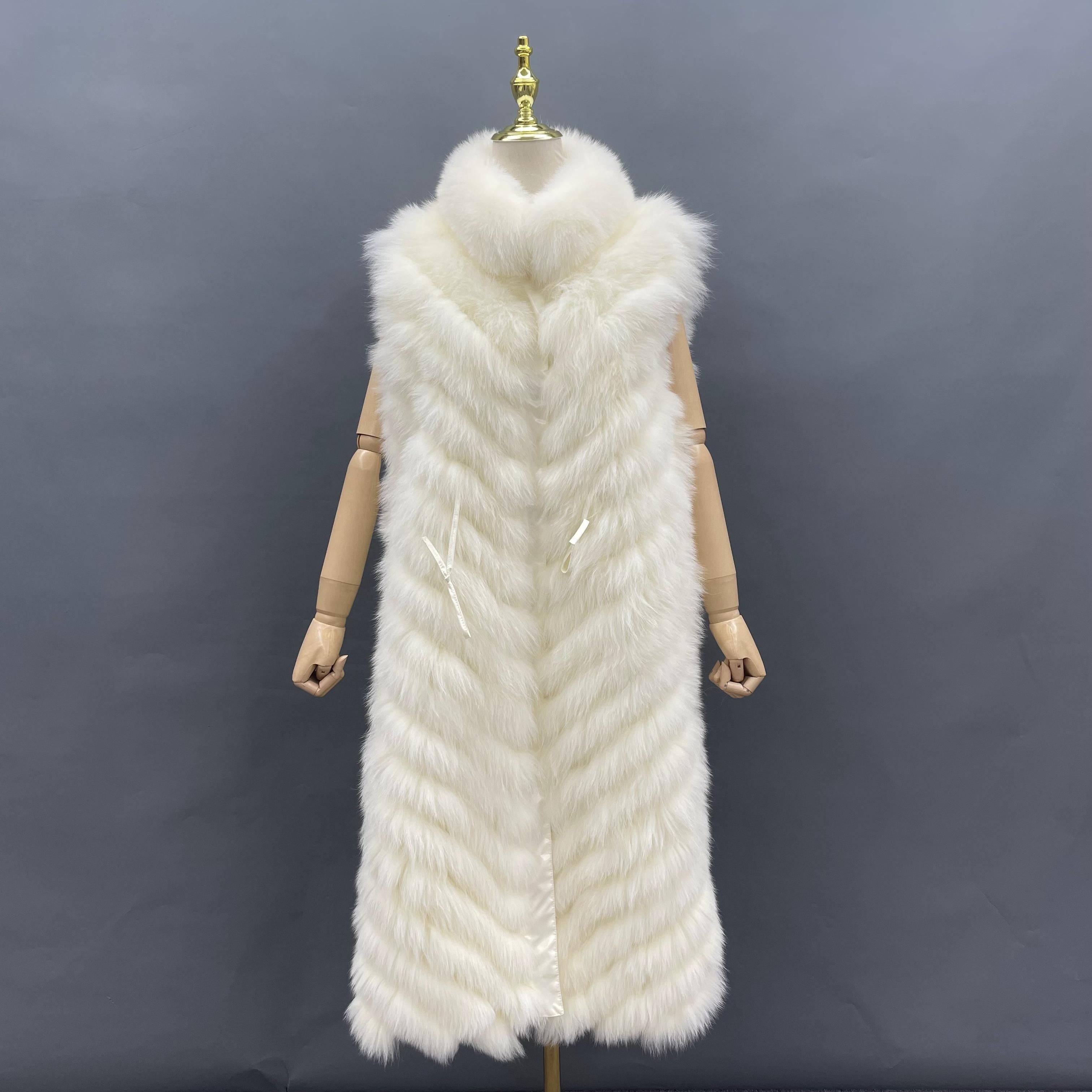 Double-Sided Fox Fur Diagonal Stripe Long Vest - Janefur