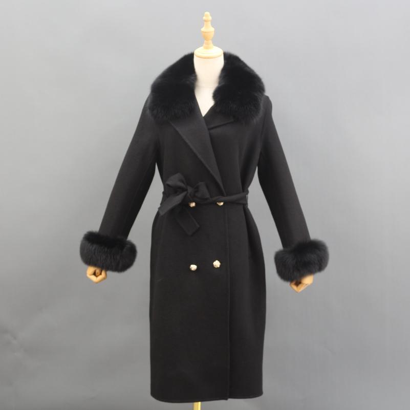 Women's Long Cashmere Coat With Fox Fur Collar And Belt - Janefur
