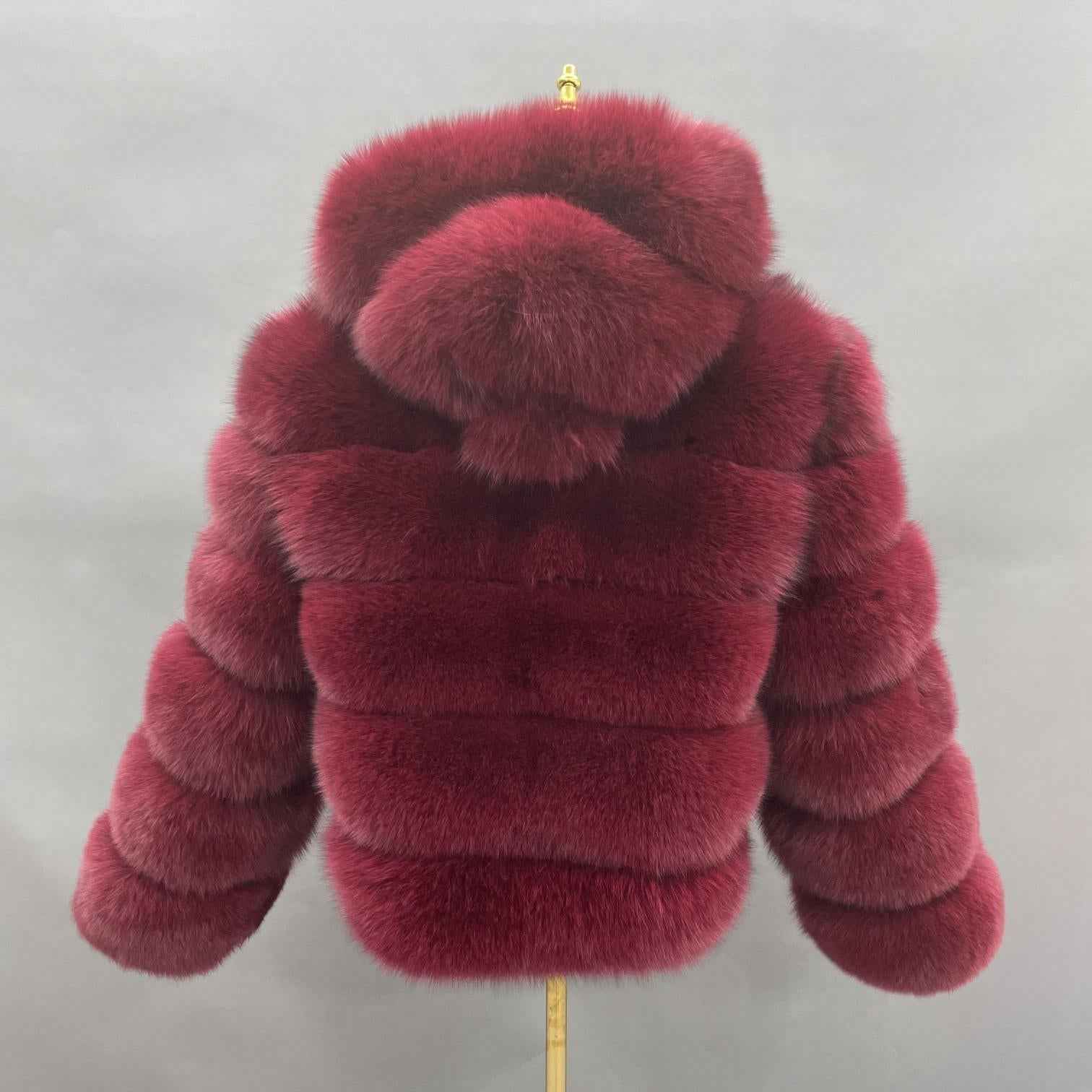 Women's Short Winter Trend Real Fox Fur Coat Solid Color Hooded - Janefur