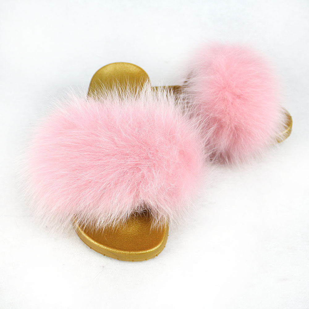 Janefur Wholesale Women's Fashion Slippers With Real Fox Fur Trim (Black, Gold, Silver Soles)