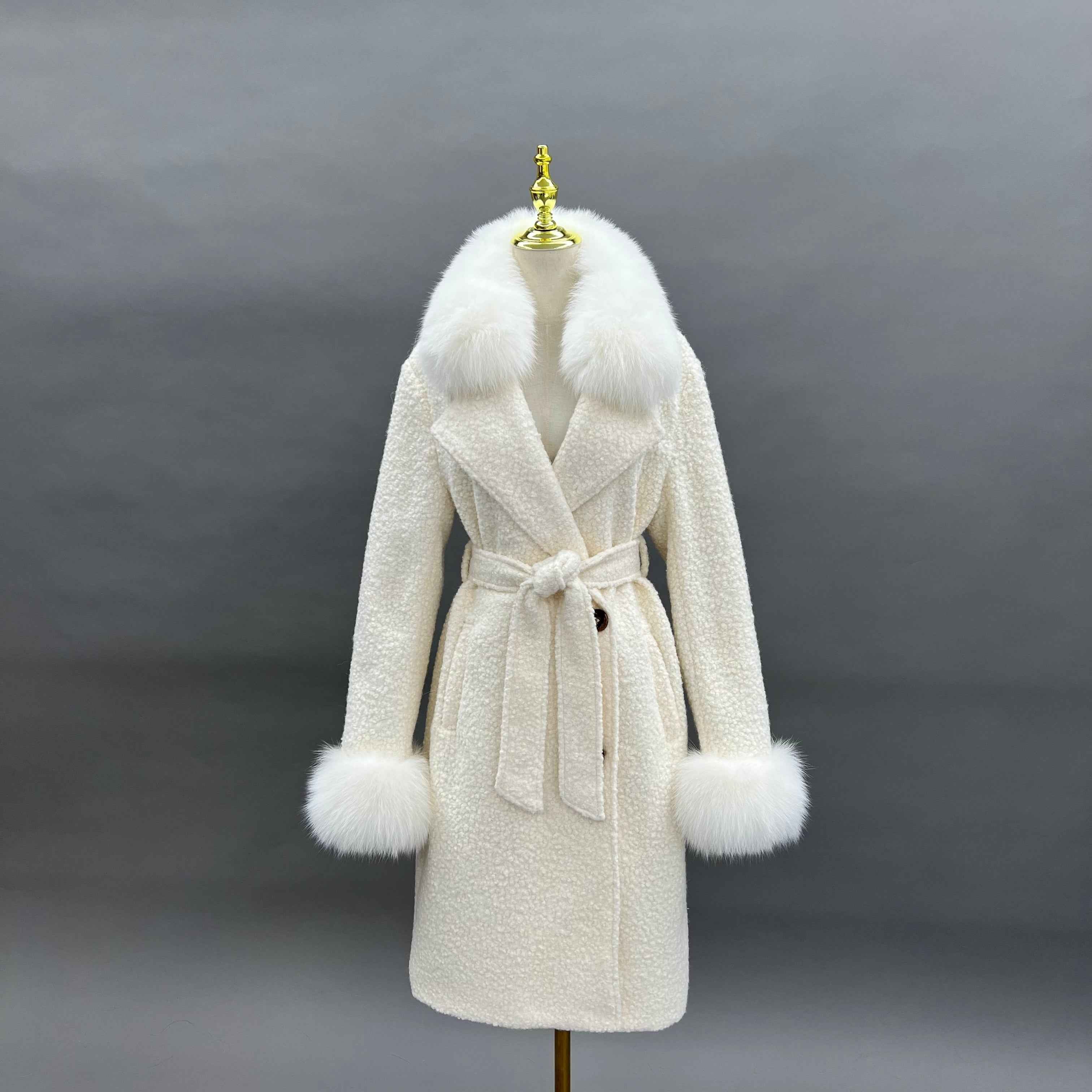 Women's Single - Faced Cashmere Coat with Faux Fur Collar and Cuffs, Belted Winter Outerwear