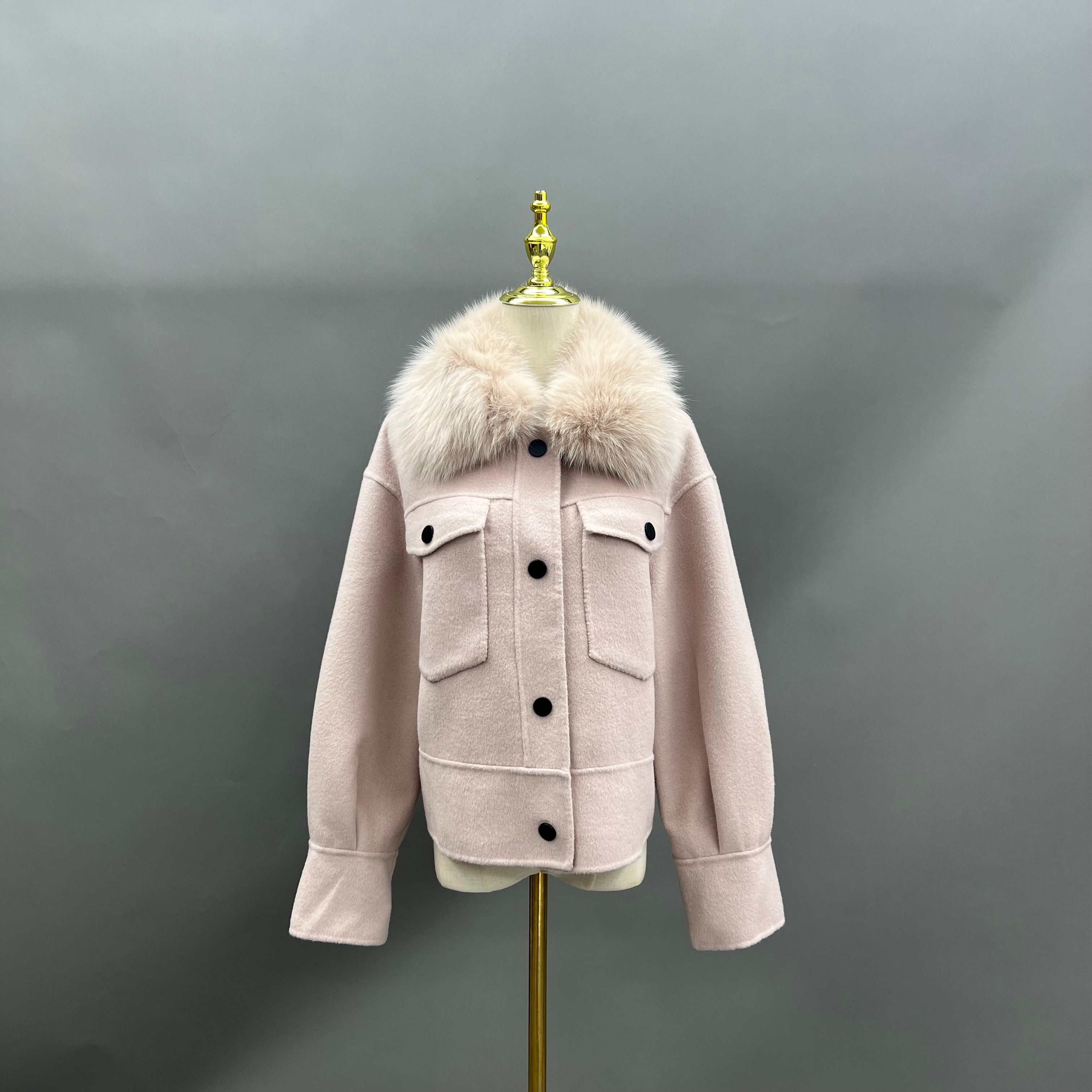 Women's Short Fox Fur Lapel Buckle Fly Casual Cashmere Jacket 10#Light Camel