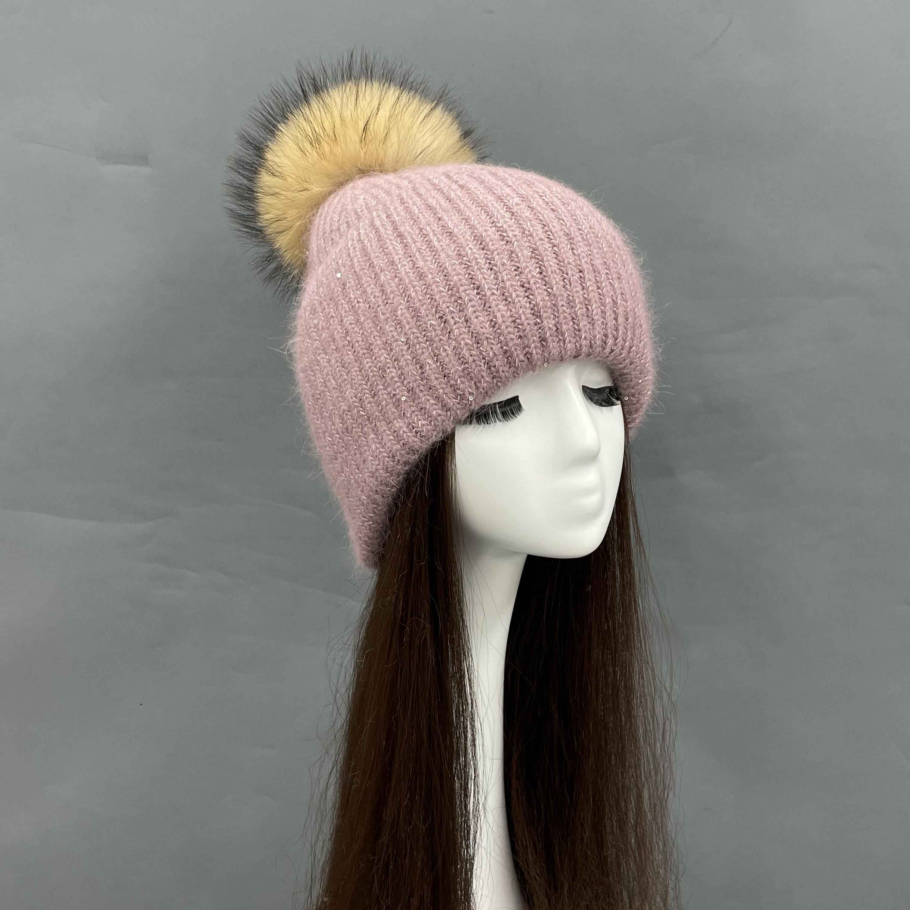 Wholesale Shiny Rabbit Fur Knit Beanie – Raccoon Fur Pompom Top, Winter Hat for Women, Premium Warmth & Fashion in Bulk 10#Carime Pink