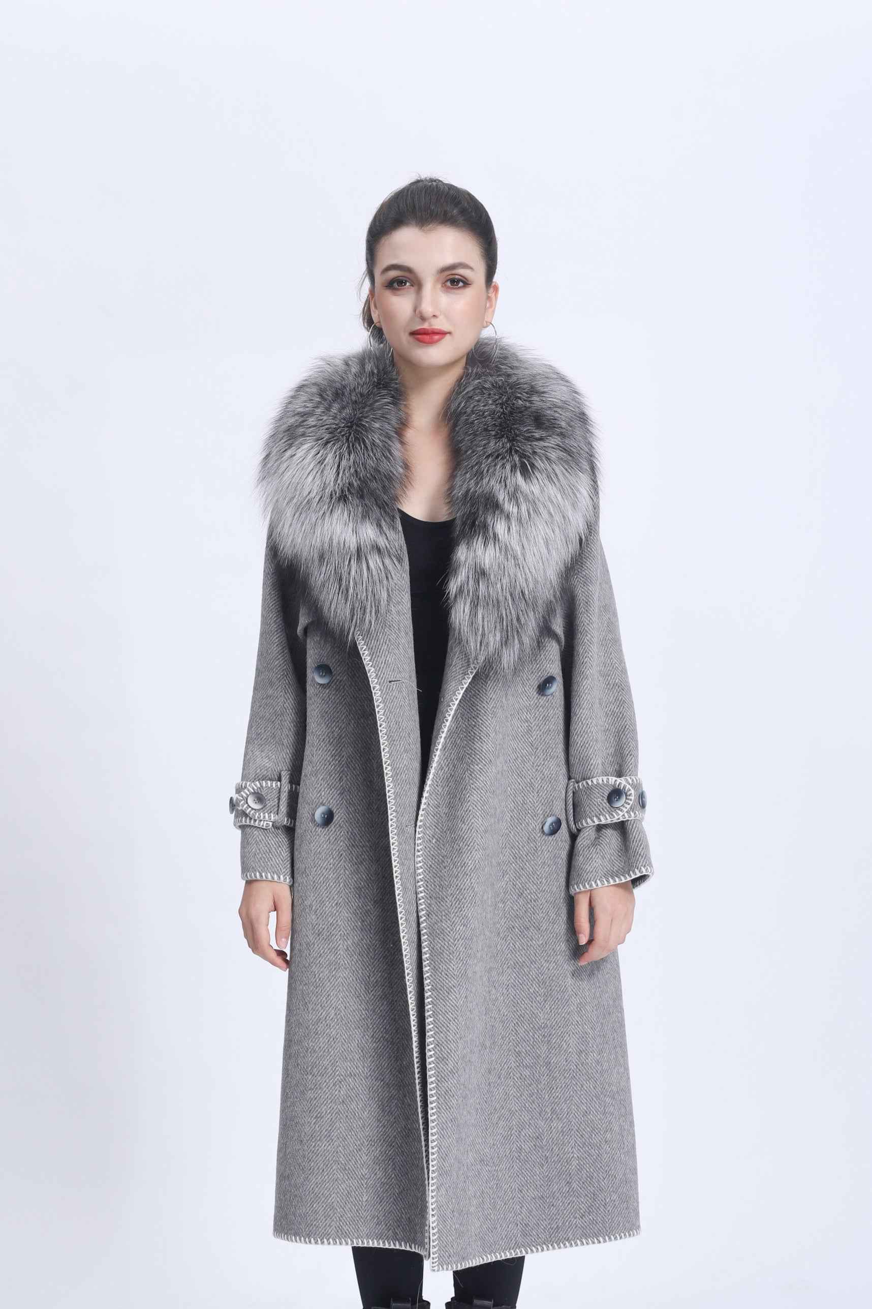 Women's Luxury Double - Faced Herringbone Wool Trench Coat with Large Fox Fur Collar, Belted & Contrast Stitching, Elegant Winter Outerwear