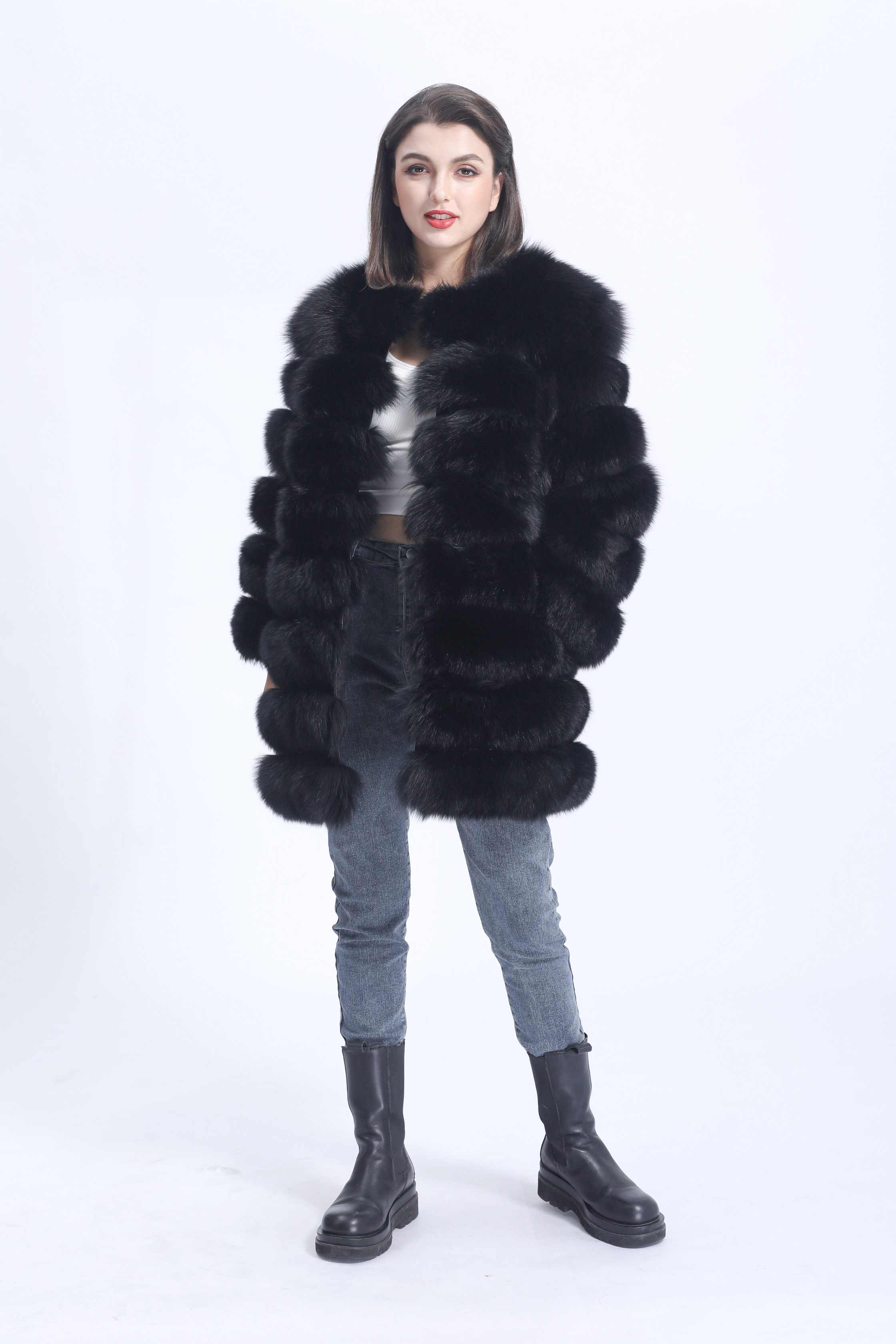 Women's Winter Warm Comfortable Crewneck Real Fox Fur Jacket - Janefur
